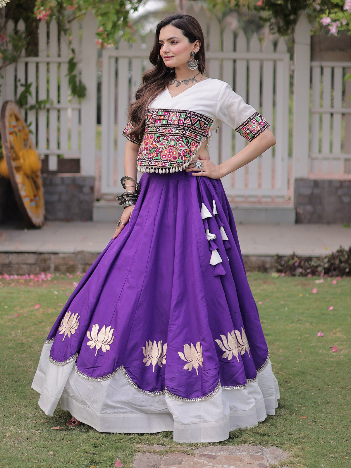Dazzling Purple Gamthi Work Silk Navratri Special Lehenga Choli