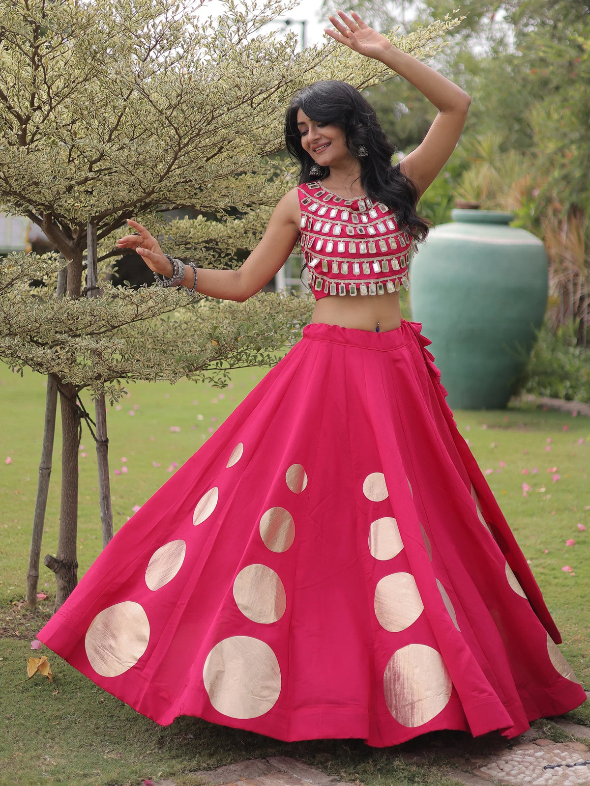 Impressive Rani Pink Mirror Laced Silk Navratri Special Lehenga Choli