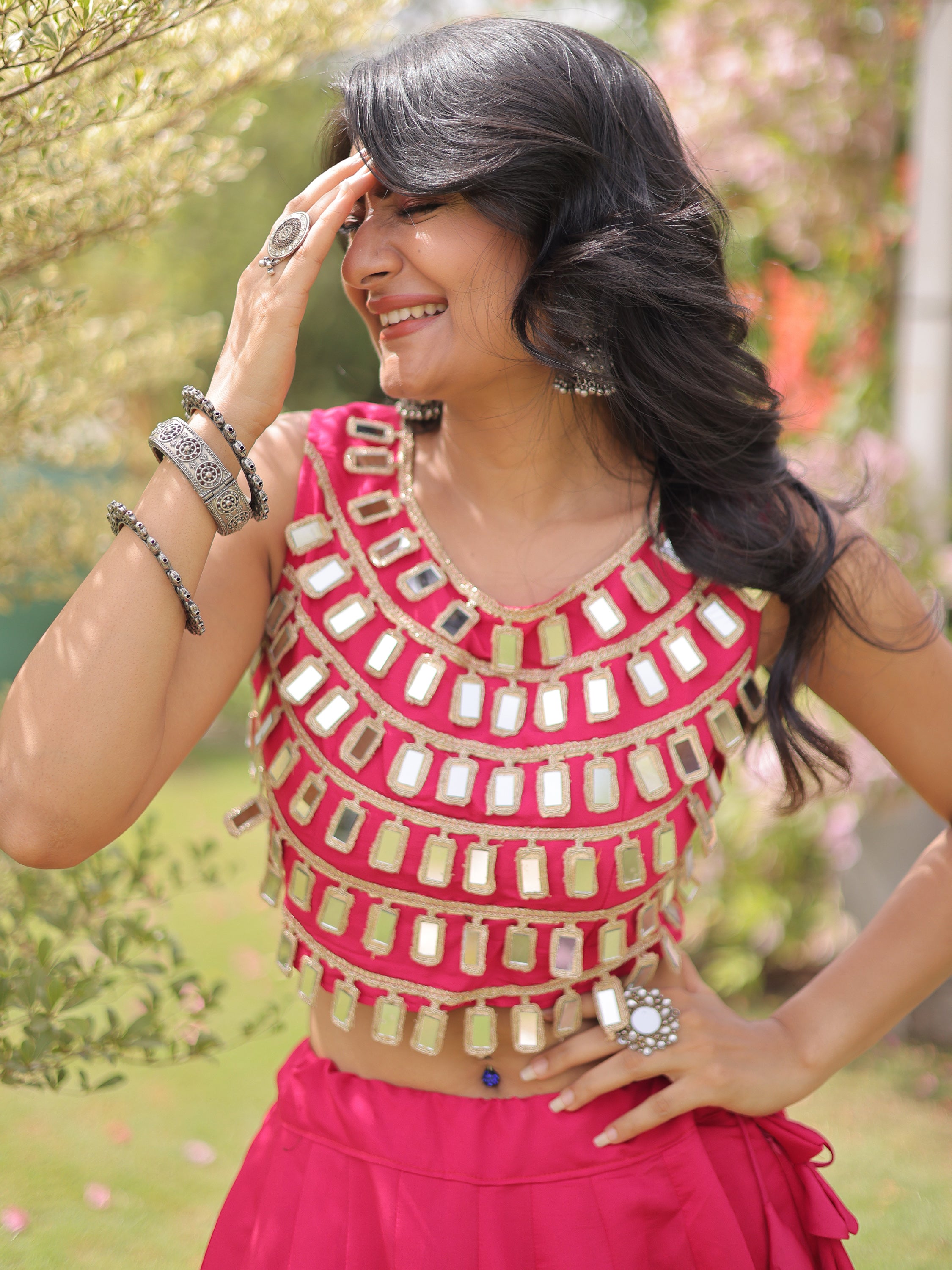 Impressive Rani Pink Mirror Laced Silk Navratri Special Lehenga Choli
