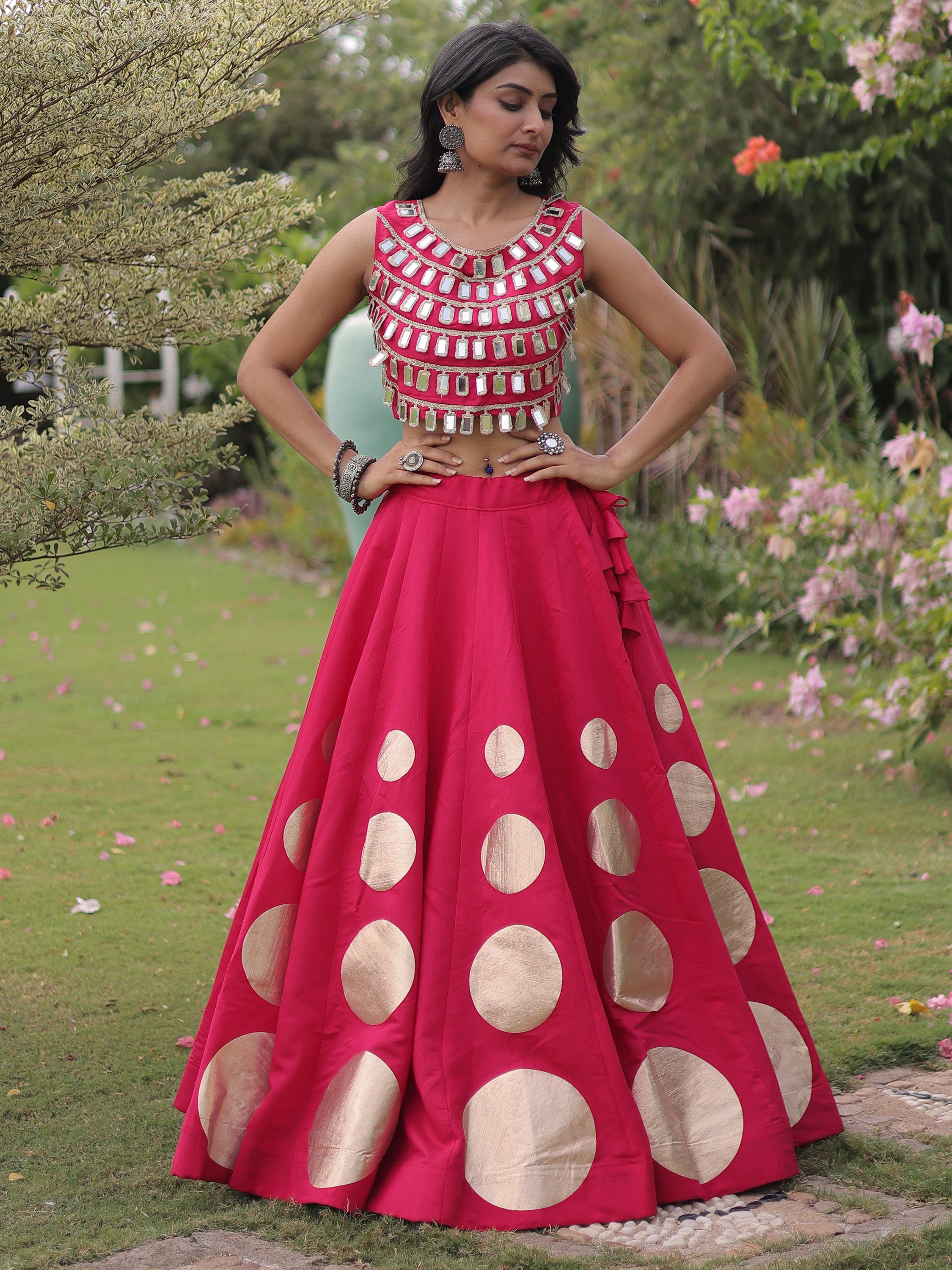 Impressive Rani Pink Mirror Laced Silk Navratri Special Lehenga Choli