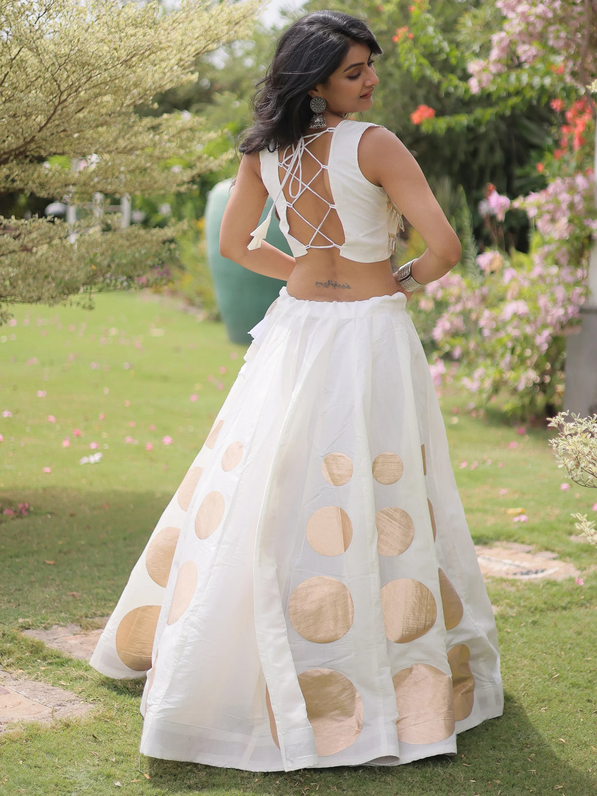 Classic White Mirror Lace Work Silk Navratri Wear Lehenga With Blouse