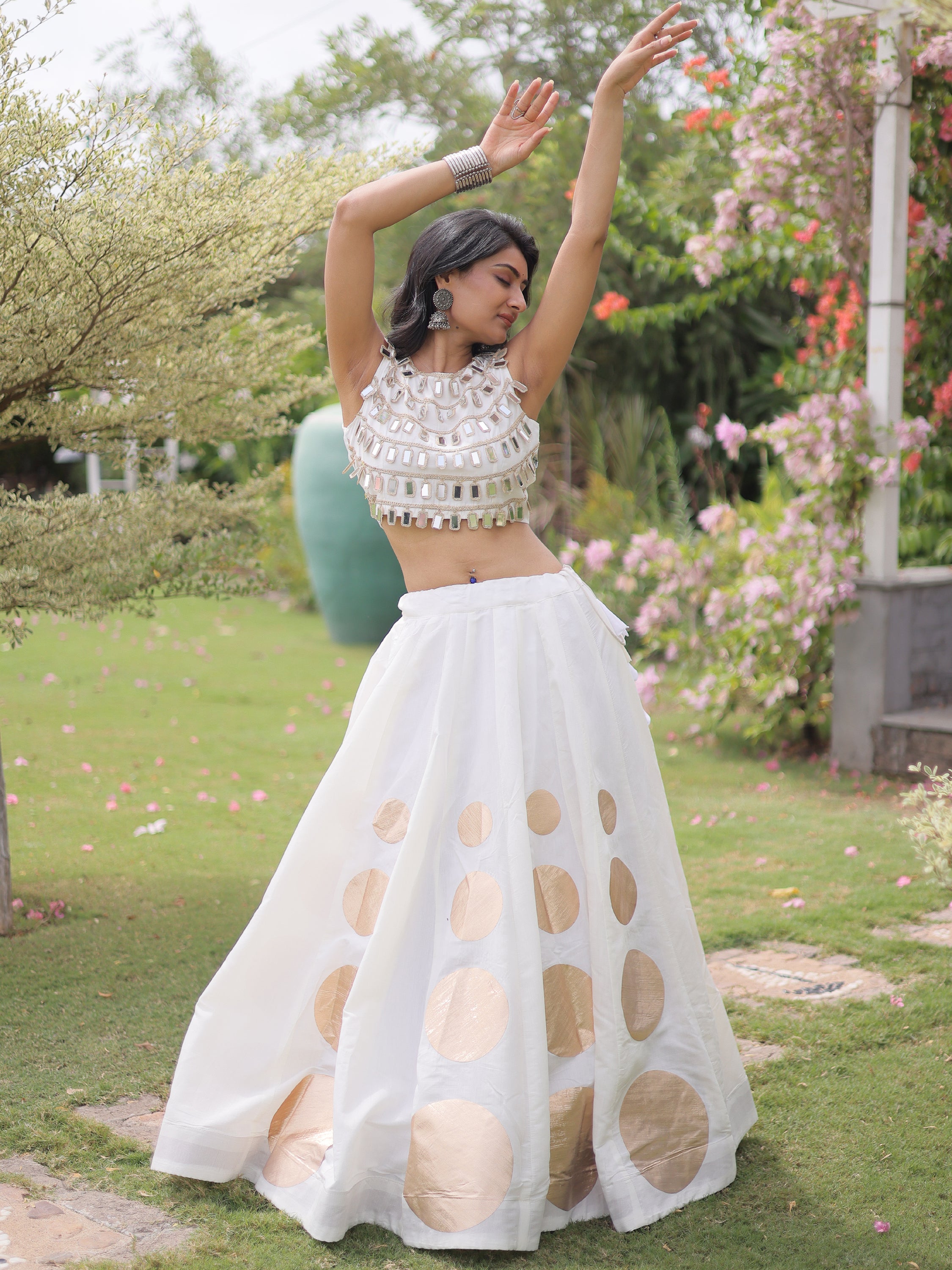 Classic White Mirror Lace Work Silk Navratri Wear Lehenga With Blouse
