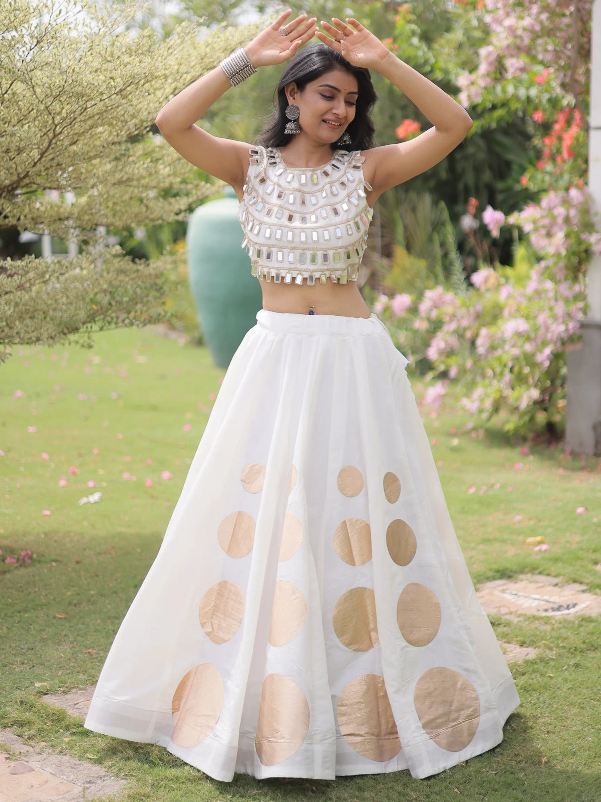 Classic White Mirror Lace Work Silk Navratri Wear Lehenga With Blouse