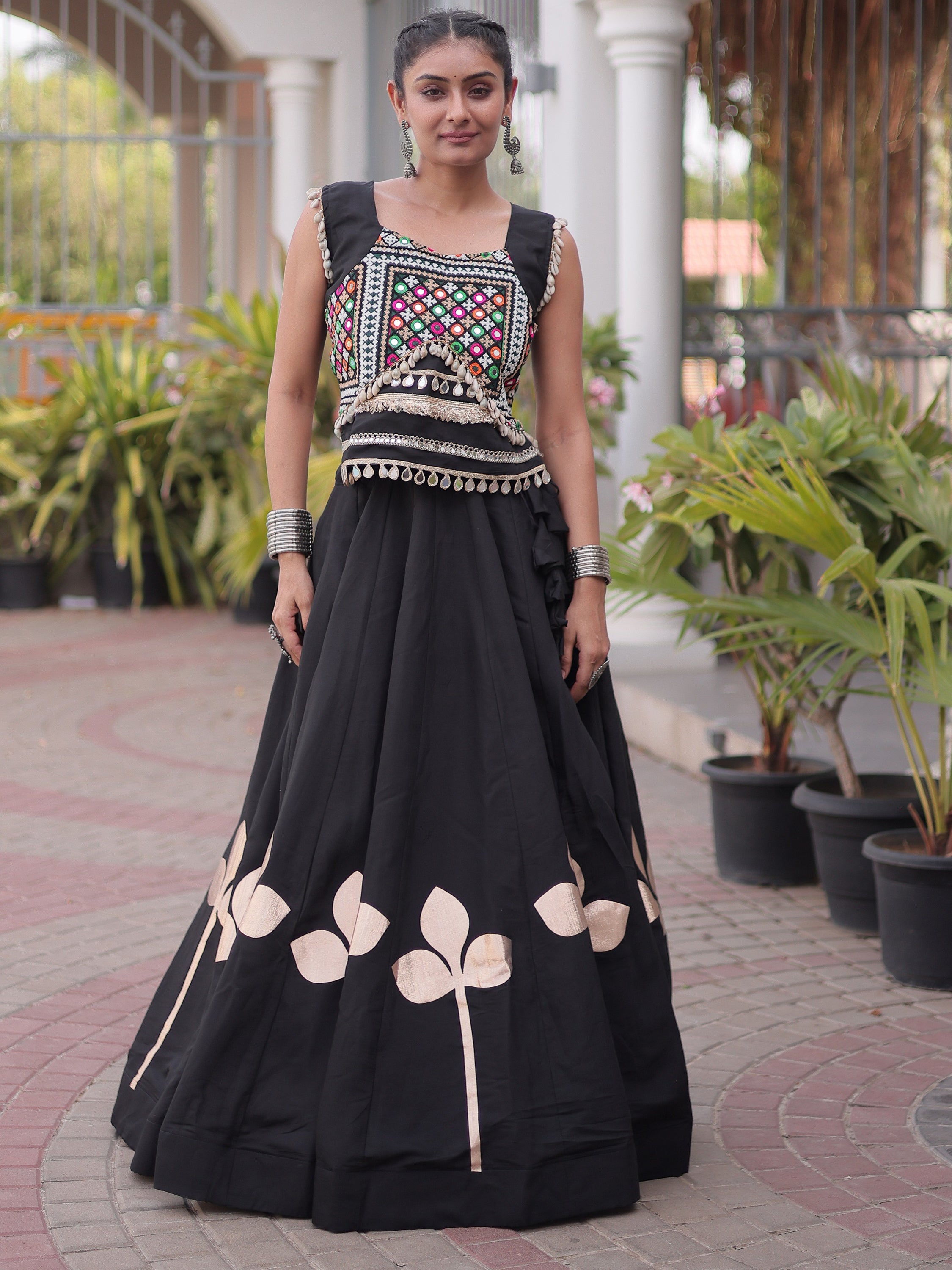 Awesome Black Kutchi Work Silk Navratri Special Lehenga Choli