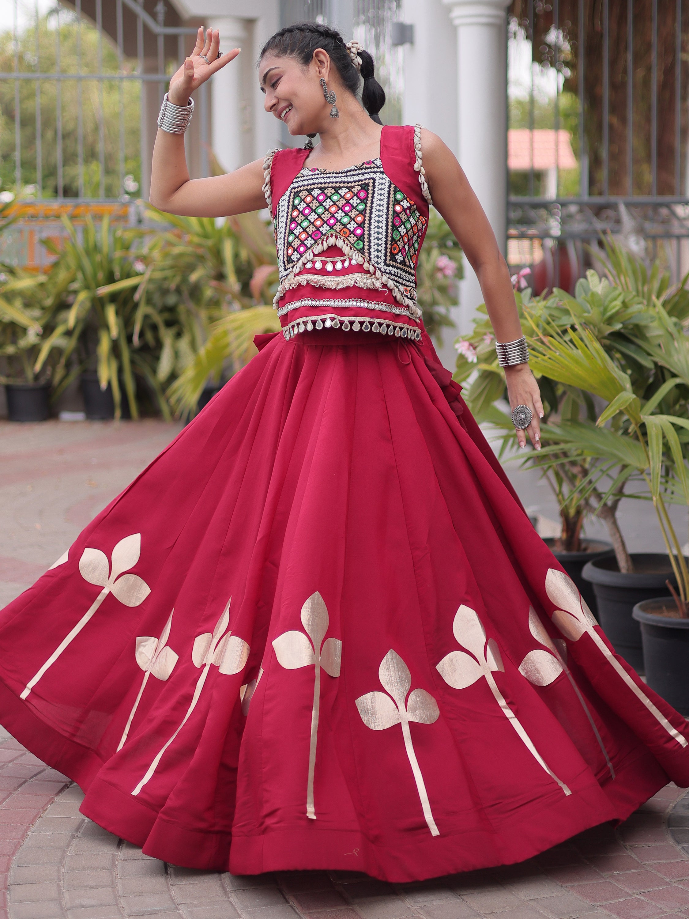 Lovely Maroon Gamthi Work Silk Navratri Special Lehenga With Blouse