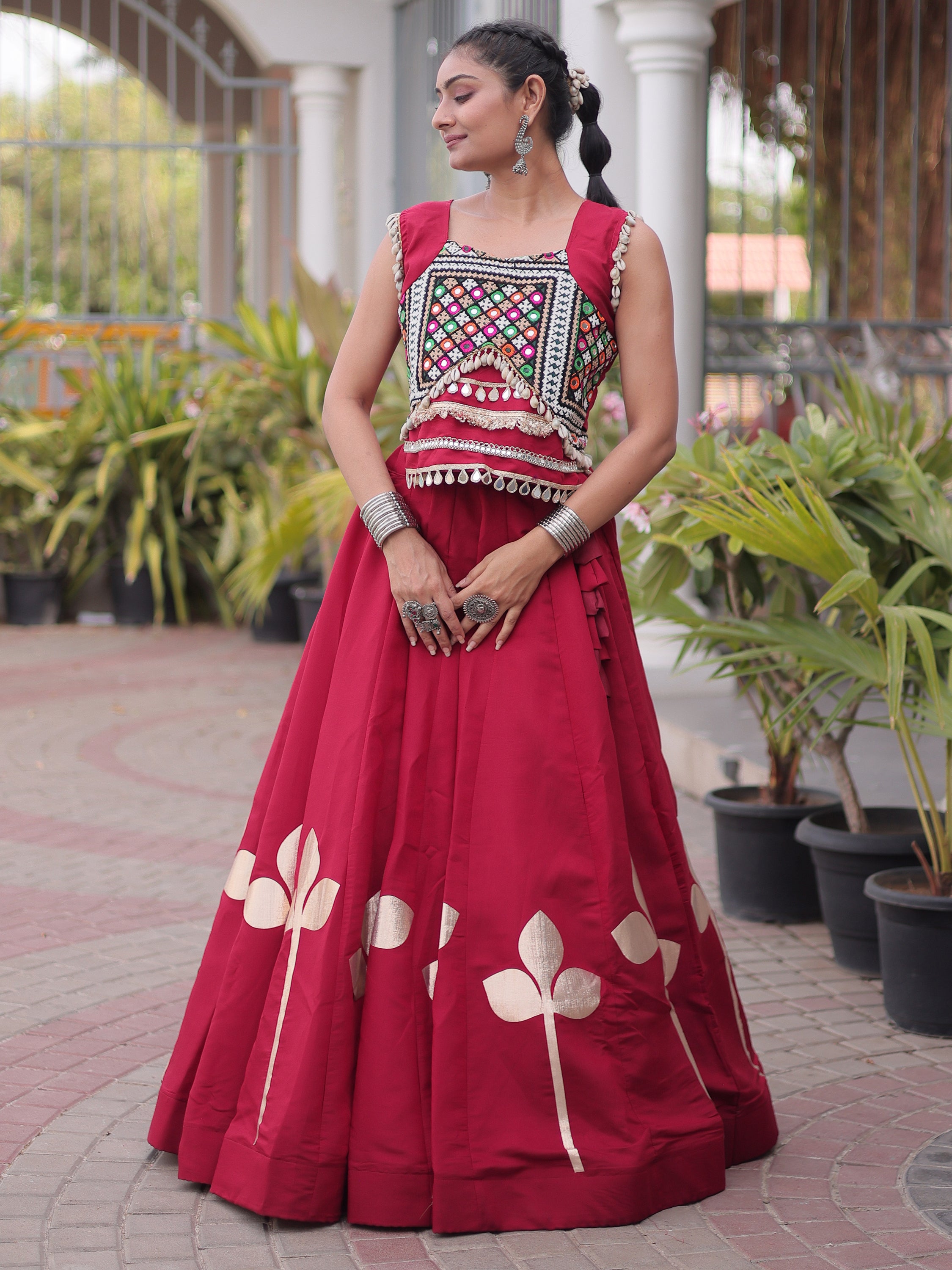 Lovely Maroon Gamthi Work Silk Navratri Special Lehenga With Blouse
