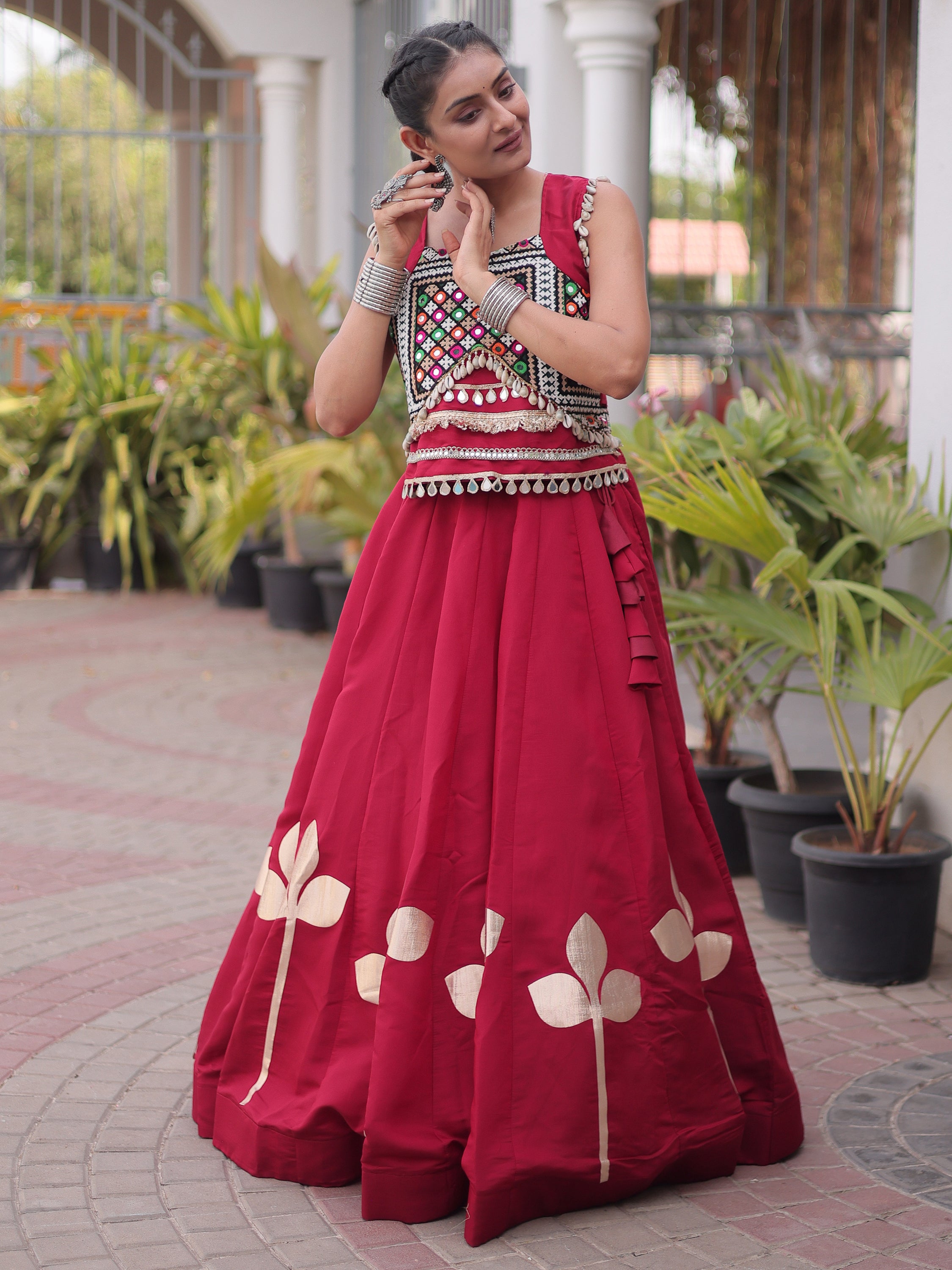 Lovely Maroon Gamthi Work Silk Navratri Special Lehenga With Blouse