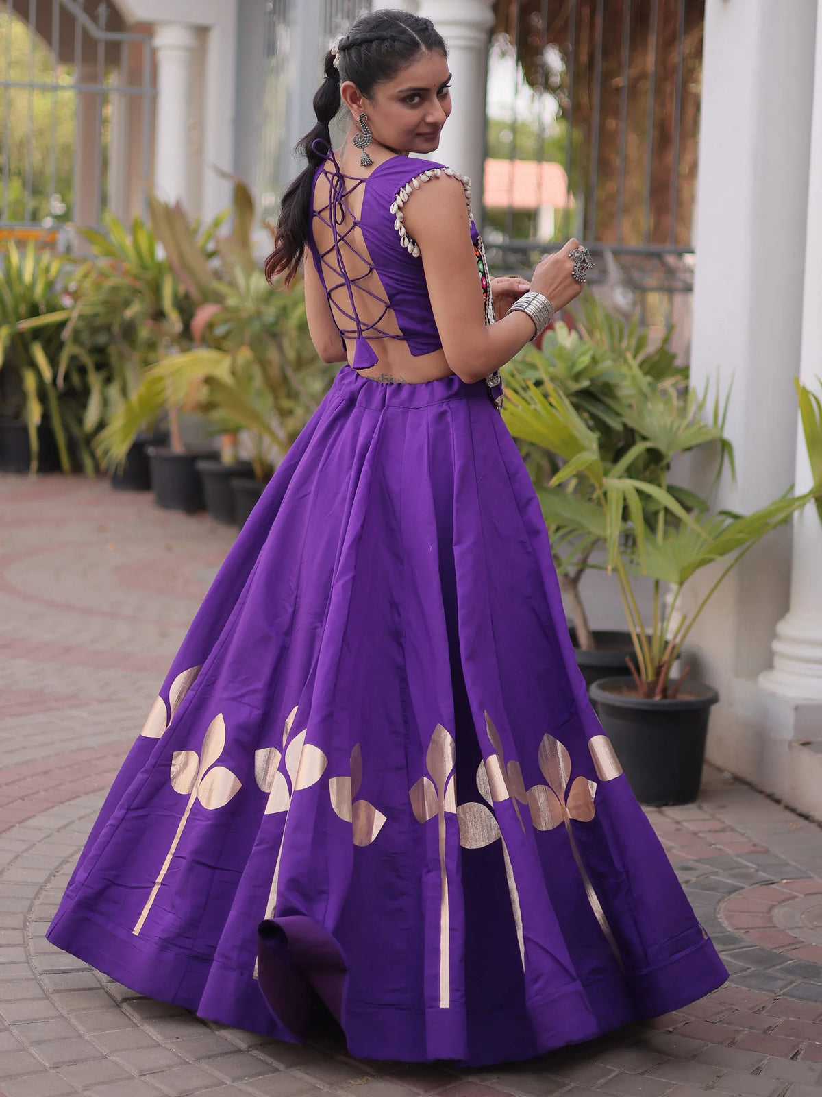 Attractive Purple Gamthi Work Silk Navratri Special Lehenga With Blouse