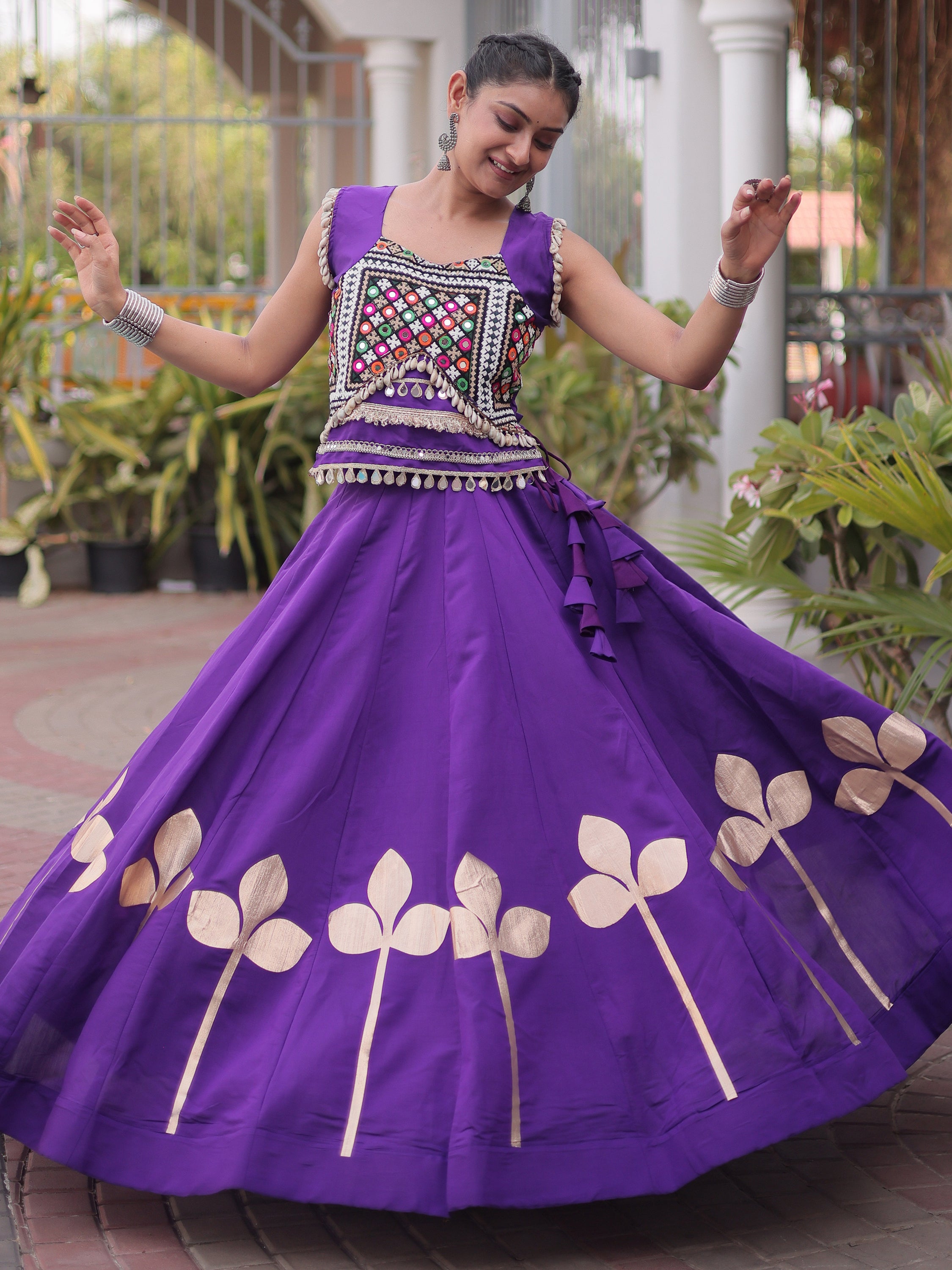 Attractive Purple Gamthi Work Silk Navratri Special Lehenga With Blouse