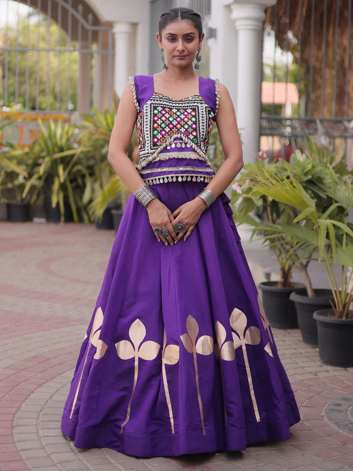 Attractive Purple Gamthi Work Silk Navratri Special Lehenga With Blouse