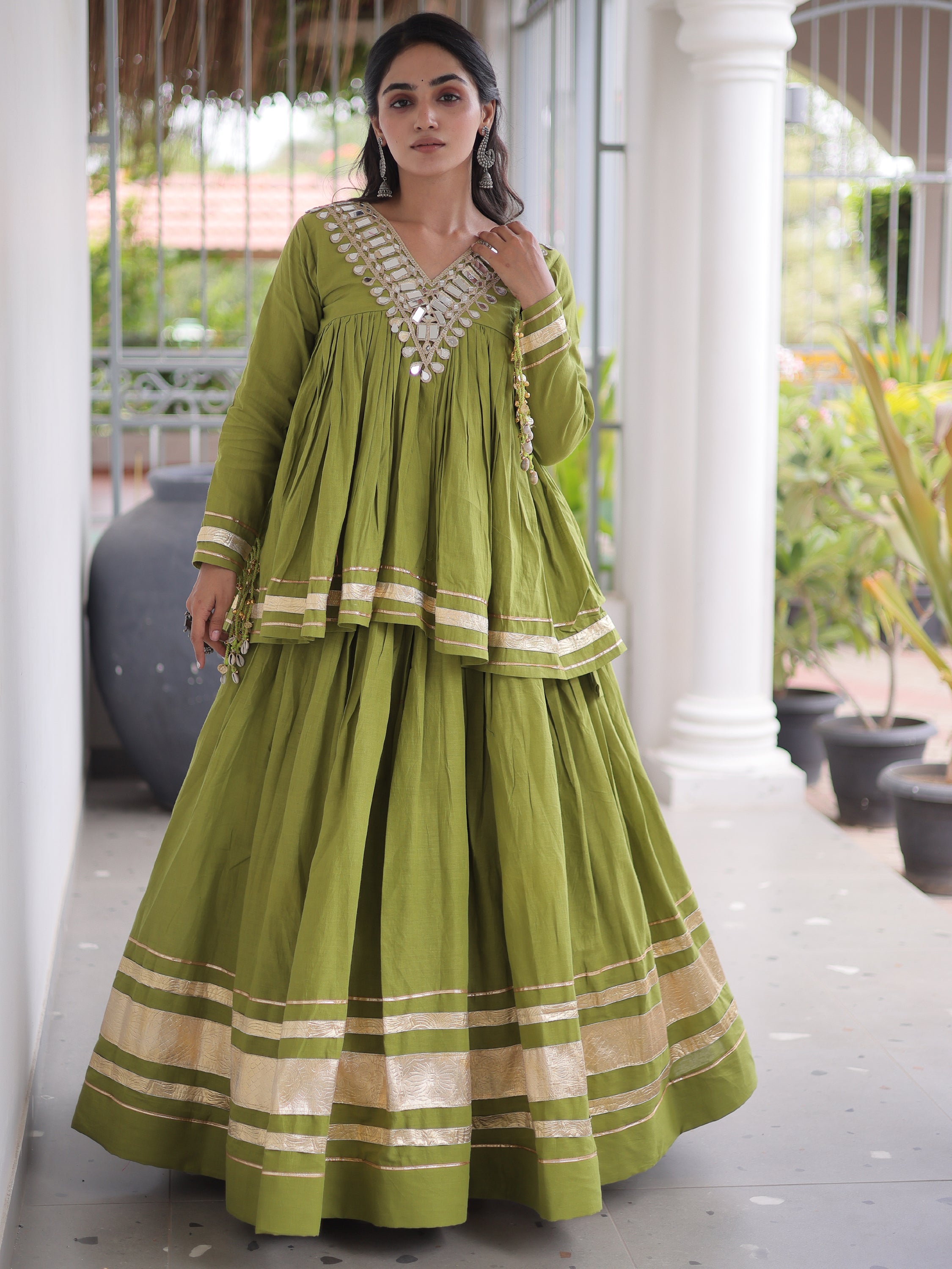 Gorgeous Olive Green Gota-Laced Navratri Wear Lehenga With Peplum Top