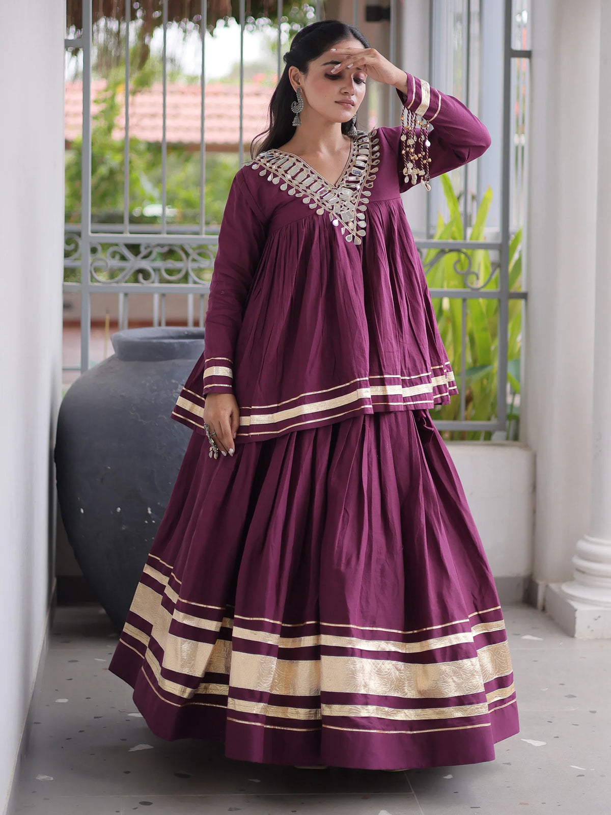 Classy Wine Mirror Laced Navratri Special Lehenga With Peplum Top