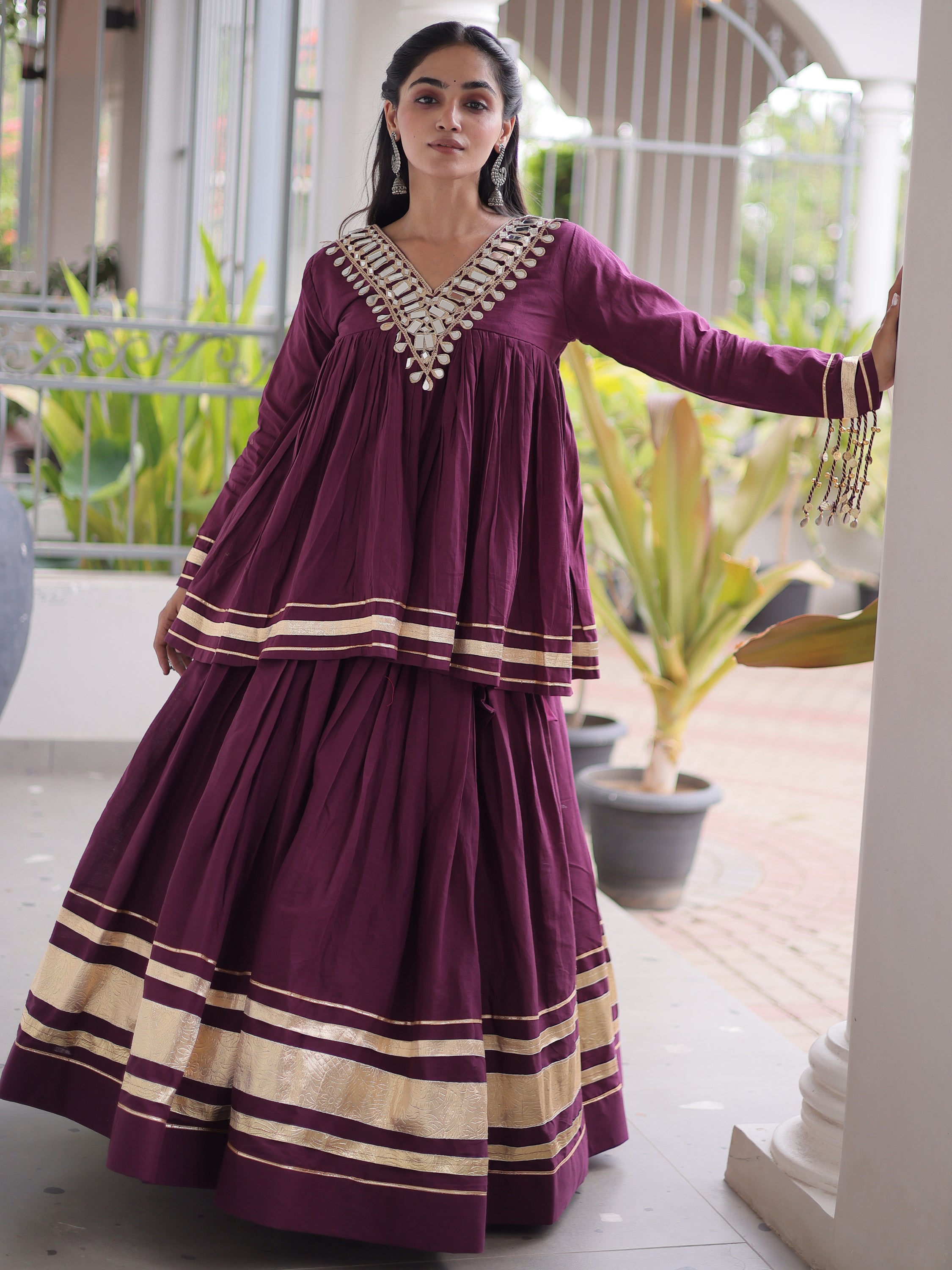 Classy Wine Mirror Laced Navratri Special Lehenga With Peplum Top