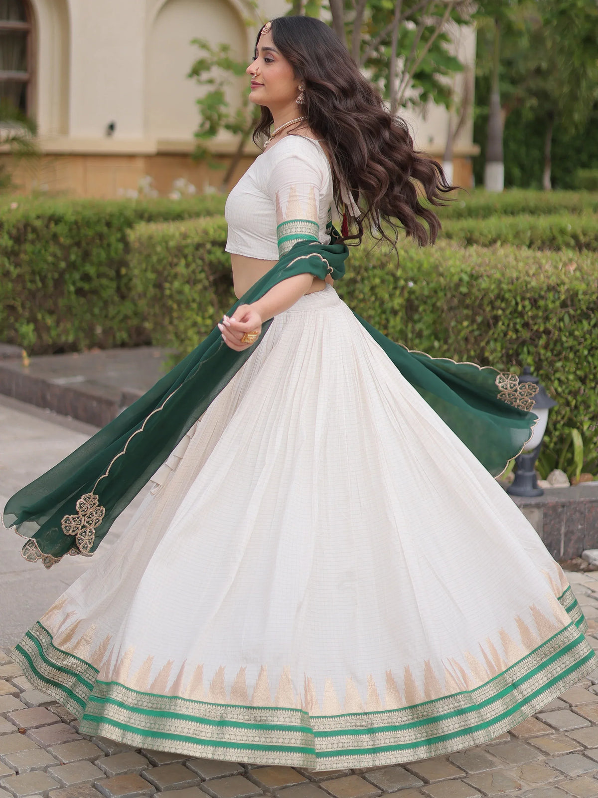 Exceptional Green Zari Weaving Cotton Traditional Half Saree Lehenga