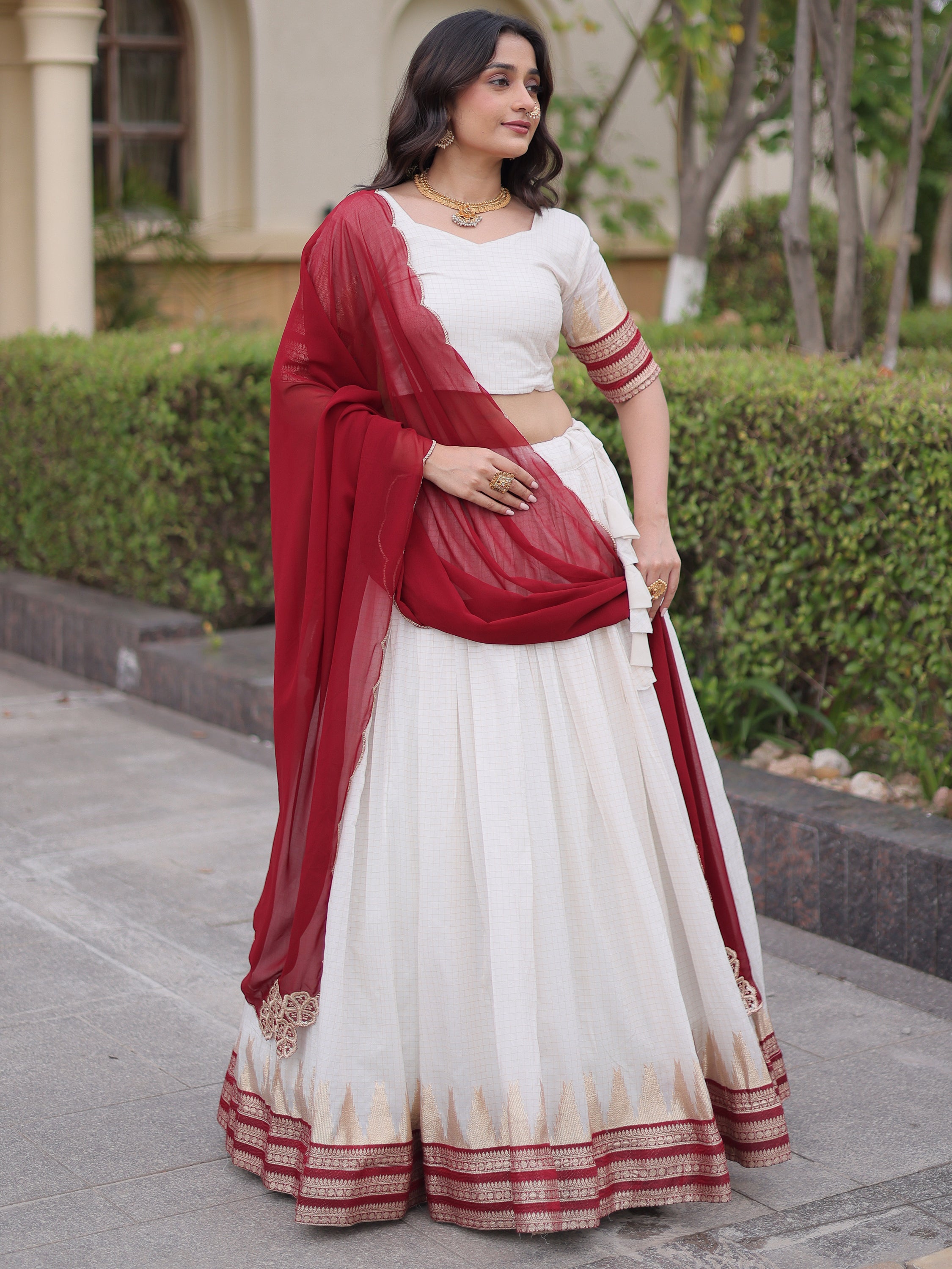 Captivating Maroon Zari Weaving Cotton Wedding Wear Half Saree Lehenga