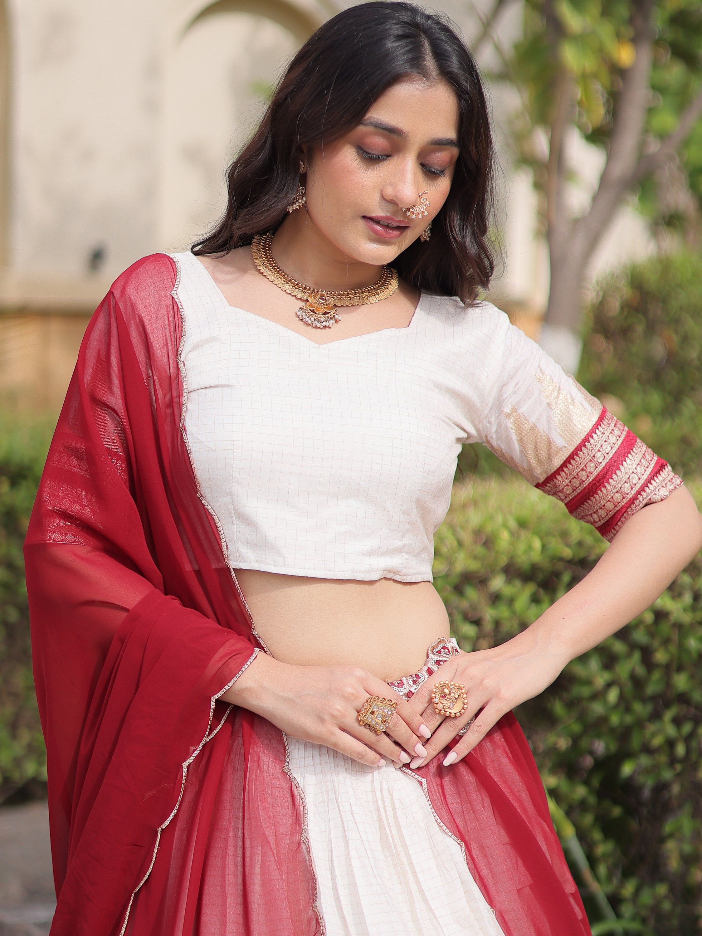 Captivating Maroon Zari Weaving Cotton Wedding Wear Half Saree Lehenga