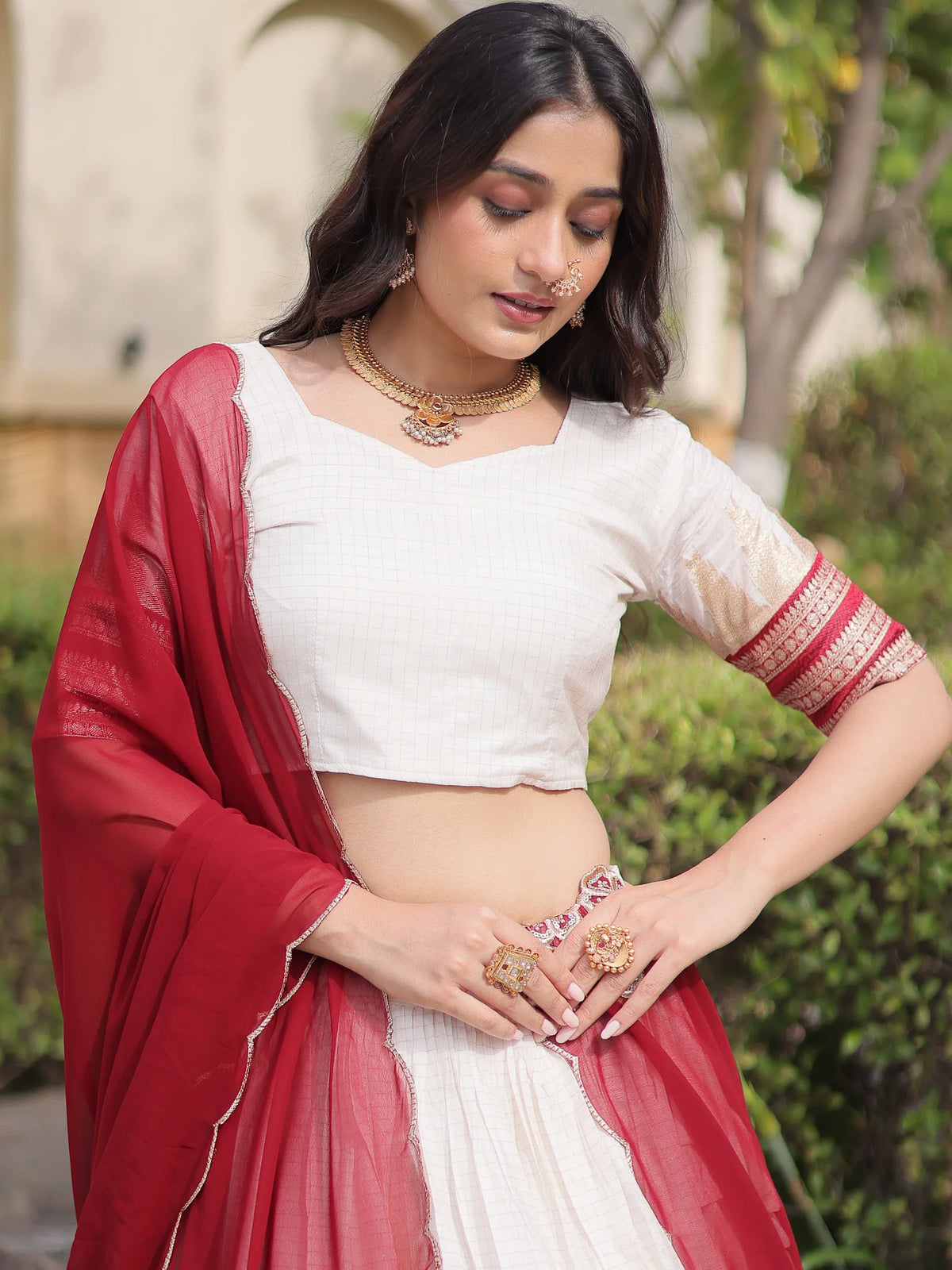 Captivating Maroon Zari Weaving Cotton Wedding Wear Half Saree Lehenga