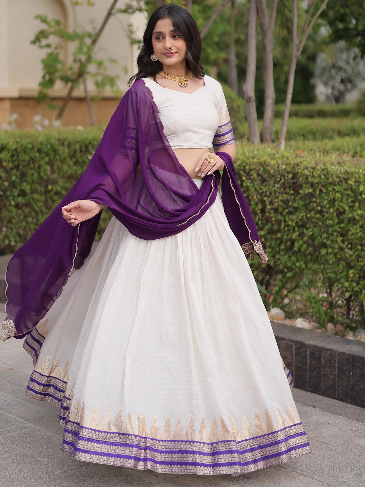 Stylish Purple Zari Weaving Cotton Function Wear Half Saree Lehenga