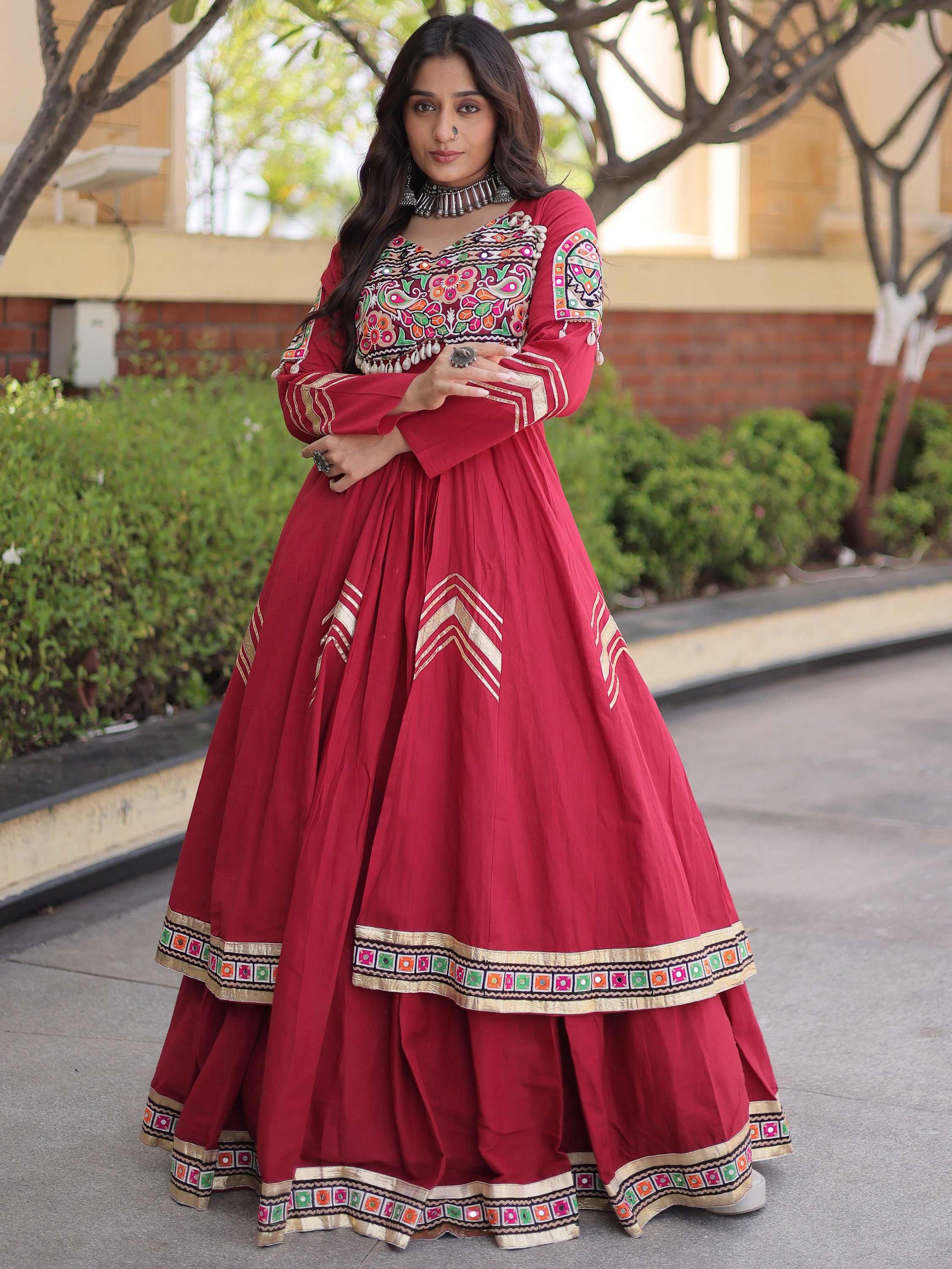 Elegant Maroon Gamthi Work Cotton Navratri Special Lehenga With Shrug