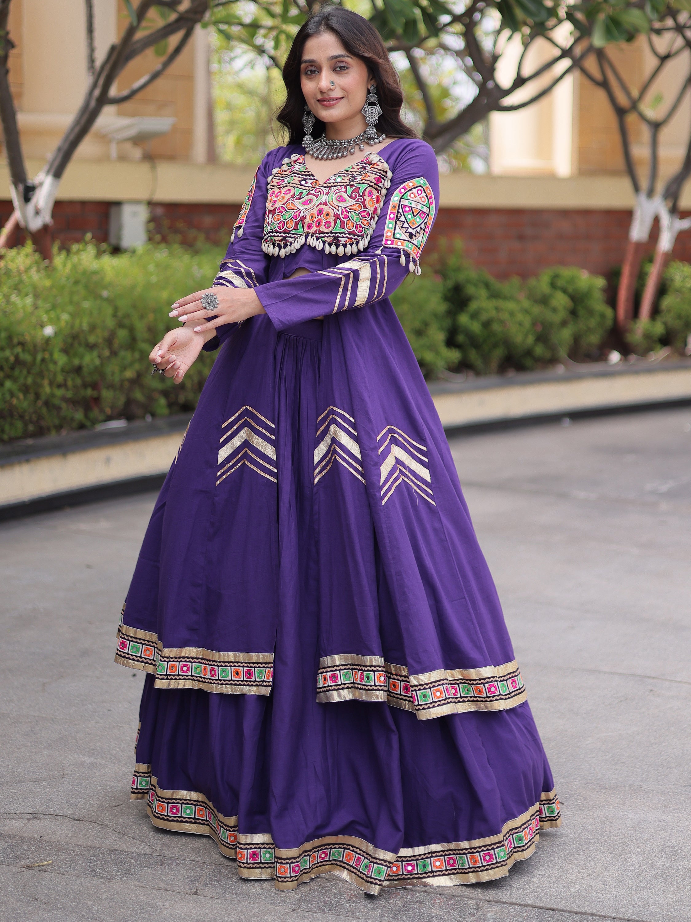 Astonishing Purple Gota Laced Cotton Navratri Wear Lehenga With Shrug
