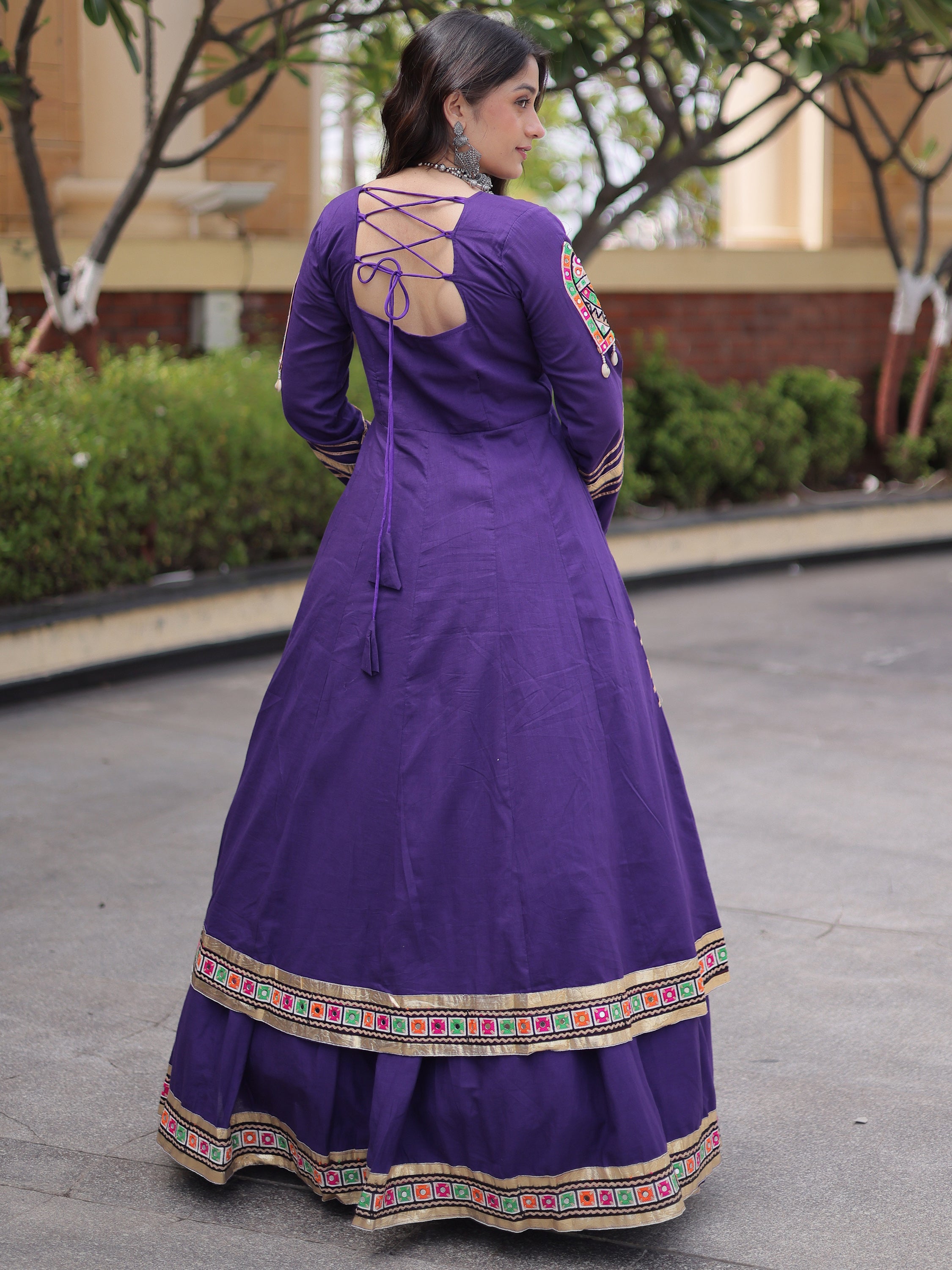 Astonishing Purple Gota Laced Cotton Navratri Wear Lehenga With Shrug