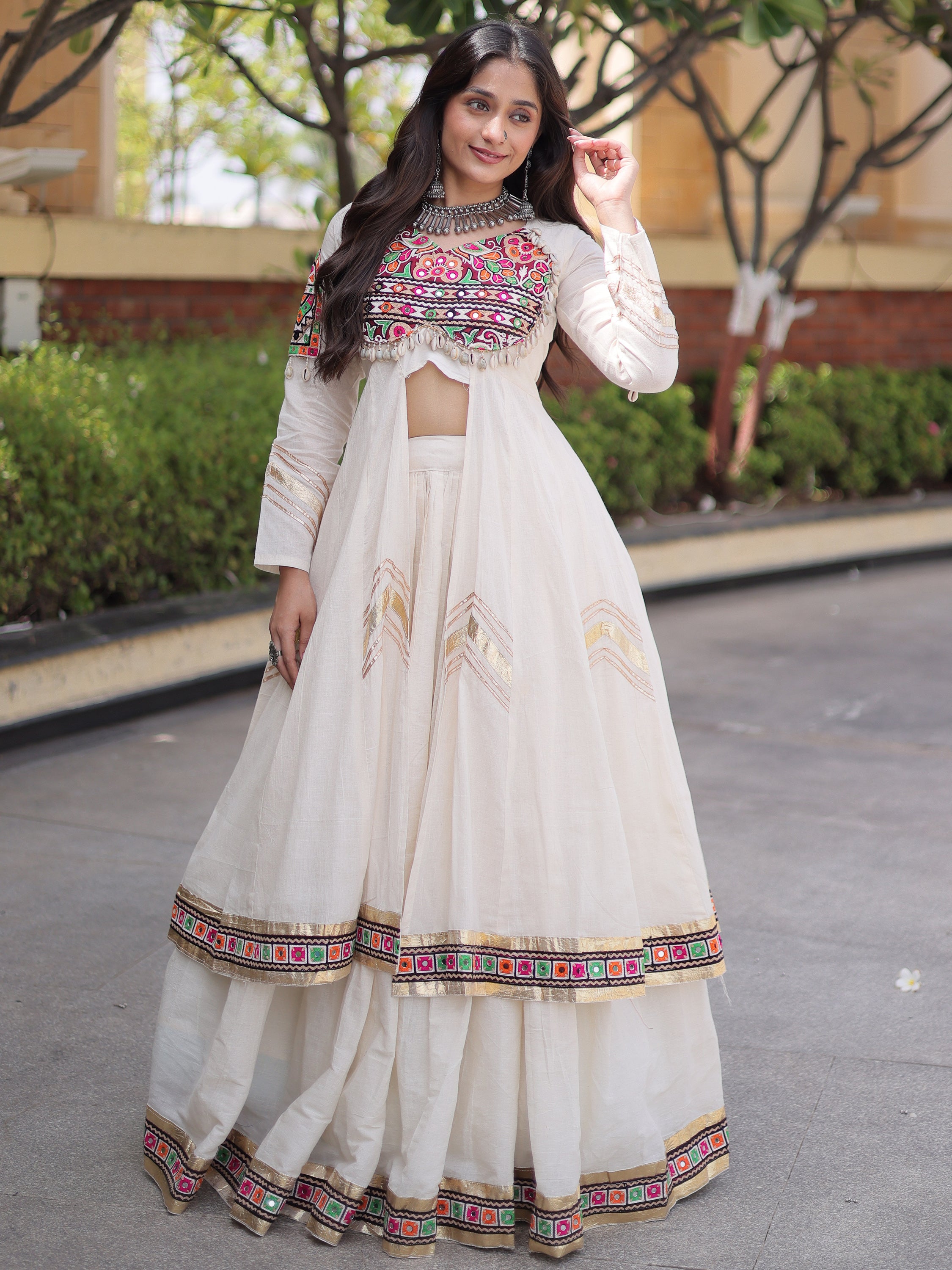 Fantastic White Gota Laced Cotton Navratri Wear Lehenga With Shrug