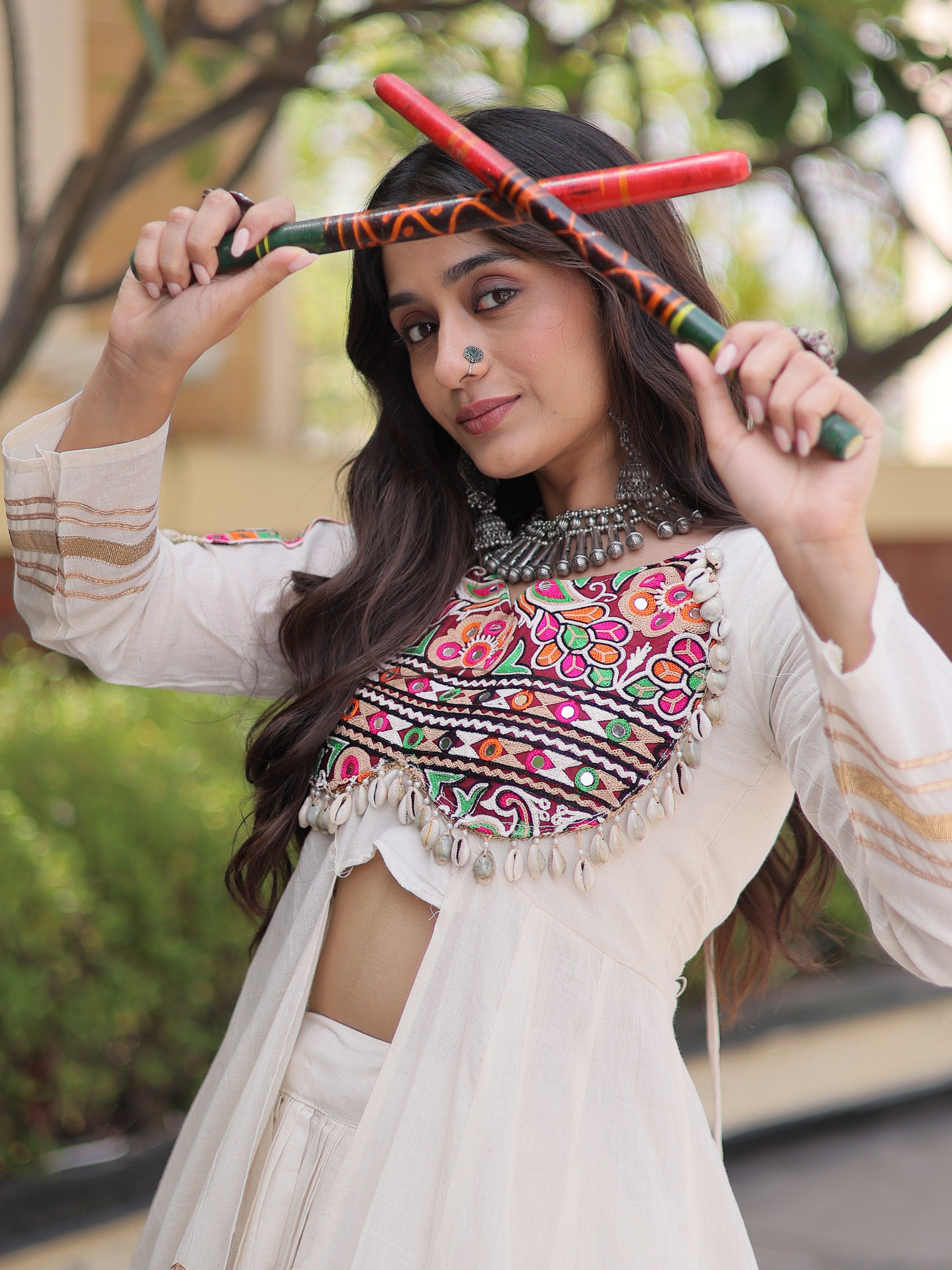 Fantastic White Gota Laced Cotton Navratri Wear Lehenga With Shrug