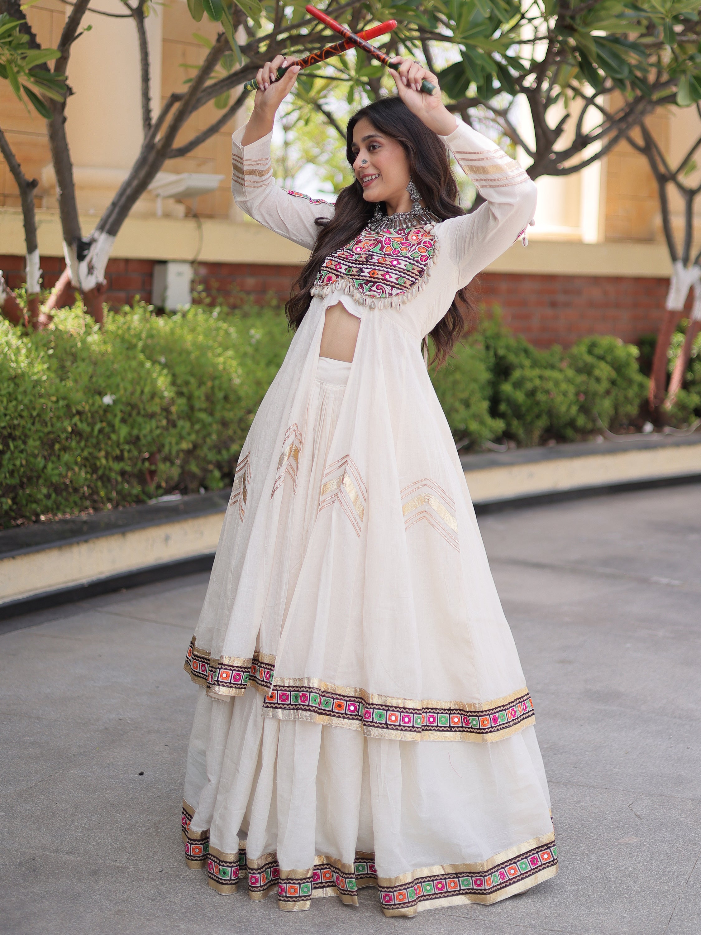 Fantastic White Gota Laced Cotton Navratri Wear Lehenga With Shrug