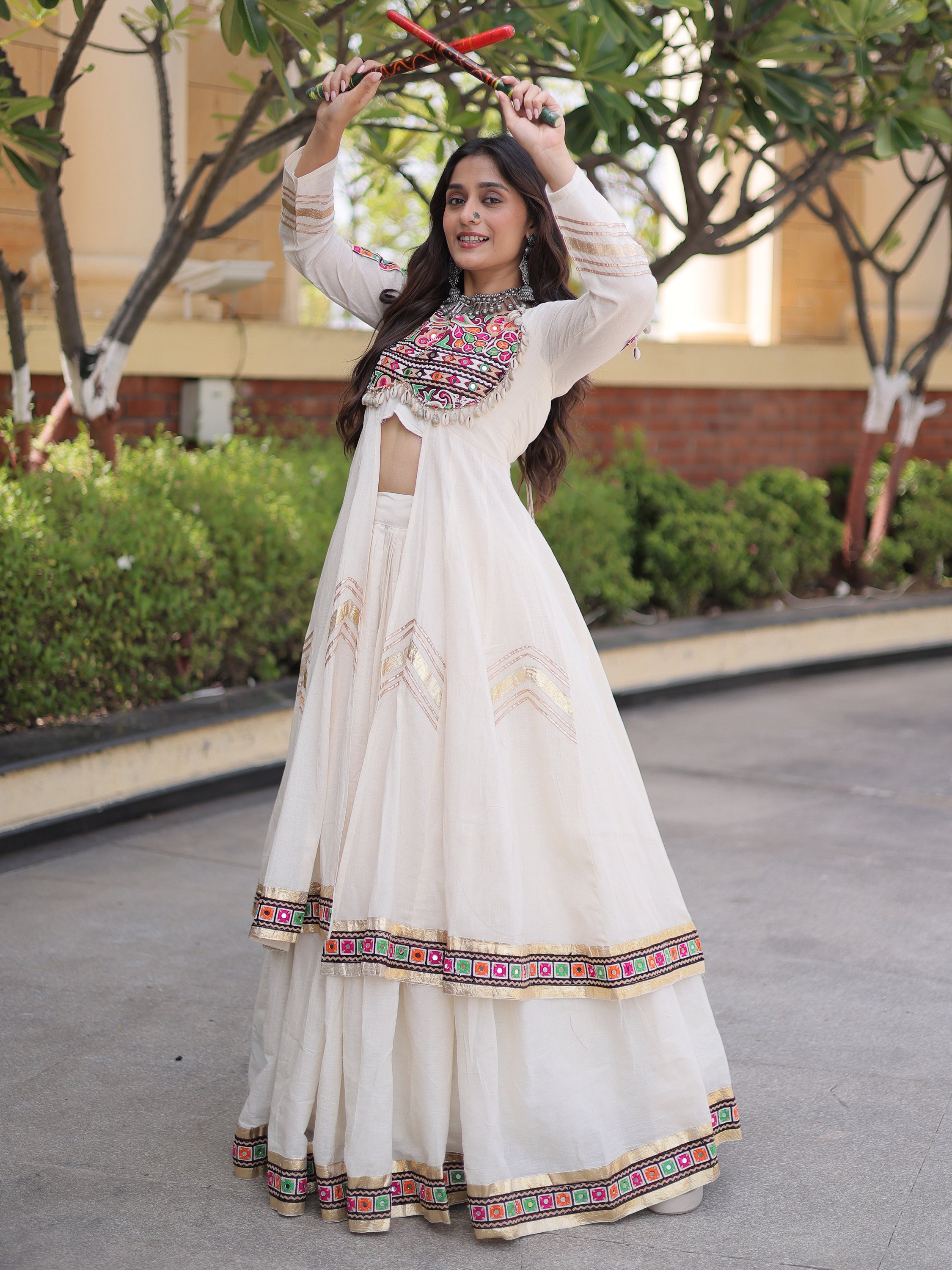 Fantastic White Gota Laced Cotton Navratri Wear Lehenga With Shrug