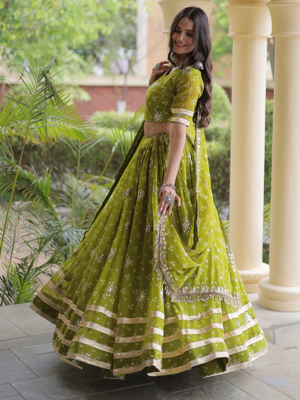 Rich Parrot Green Printed Georgette Navratri Lehenga Choli With Dupatta