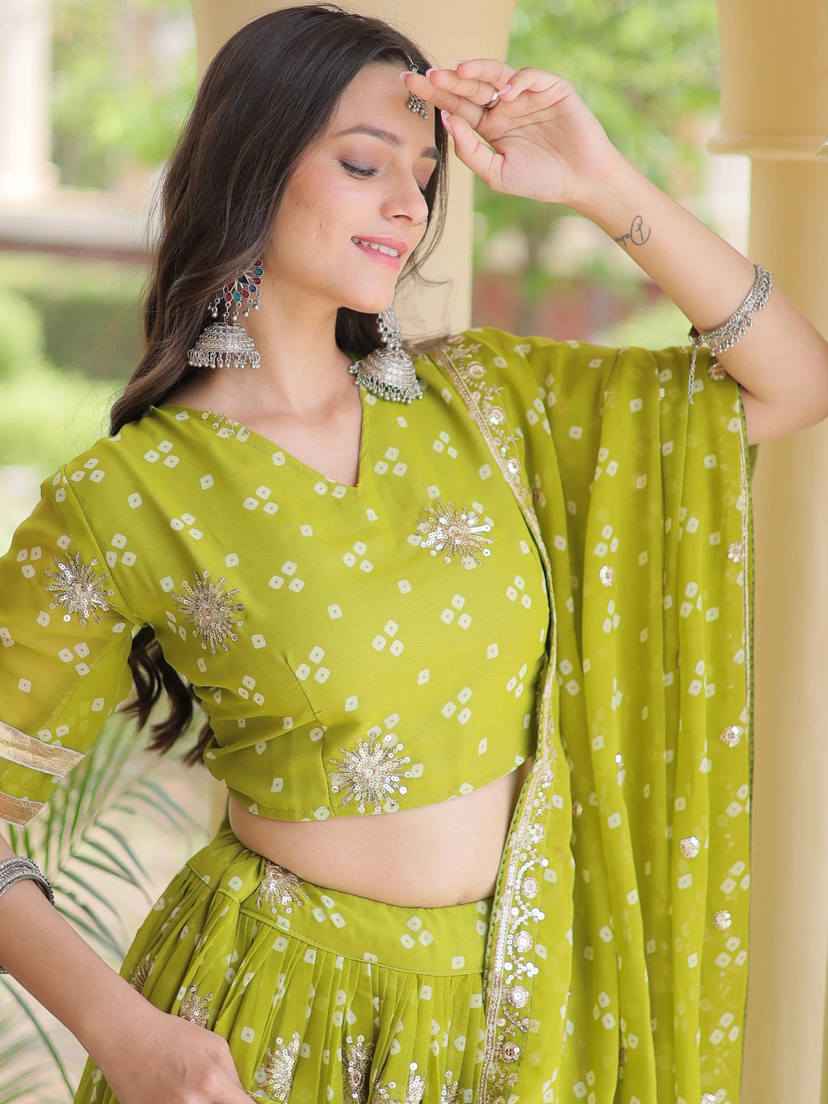 Rich Parrot Green Printed Georgette Navratri Lehenga Choli With Dupatta
