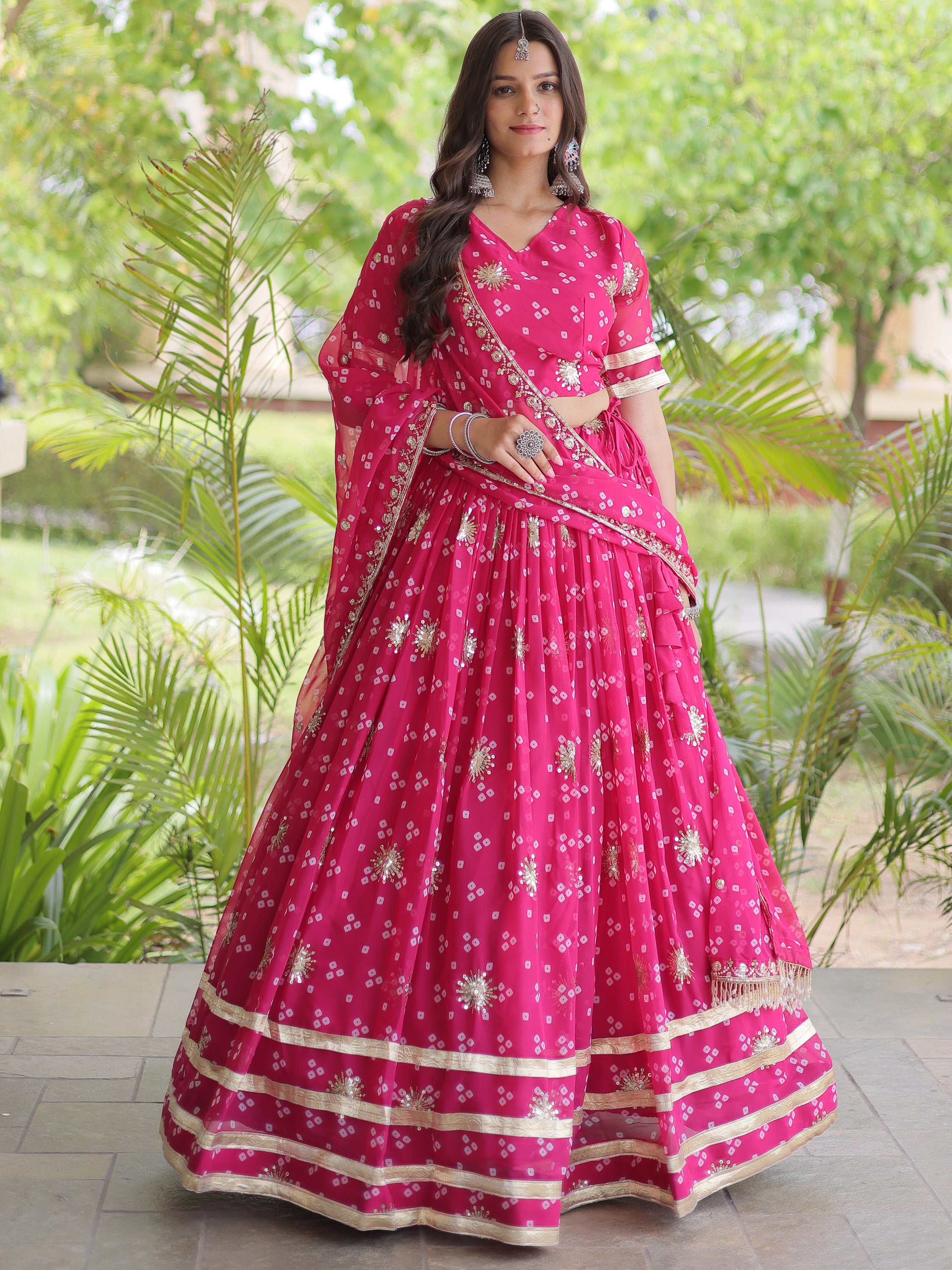 Great Pink Sequins Georgette Navratri Wear Lehenga Choli With Dupatta