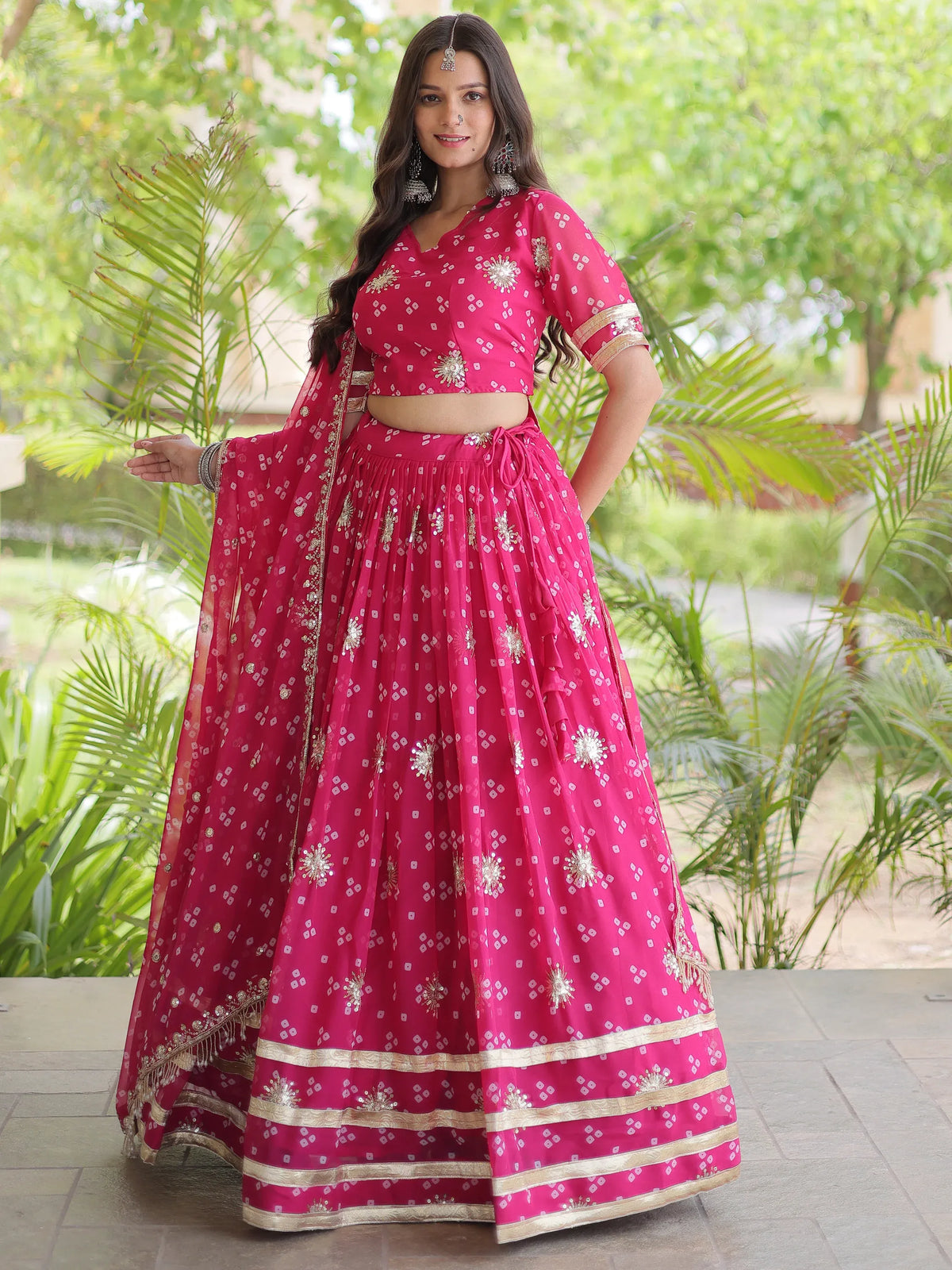Great Pink Sequins Georgette Navratri Wear Lehenga Choli With Dupatta