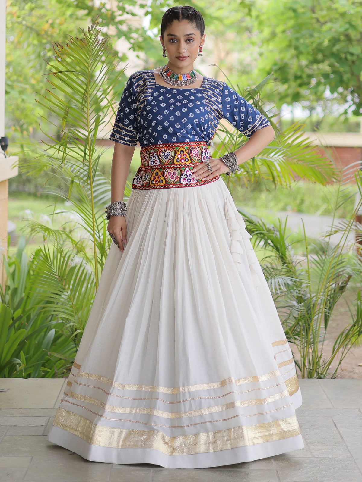 Beautiful Blue Cotton Navratri Wear Lehenga With Bandhej Printed Choli
