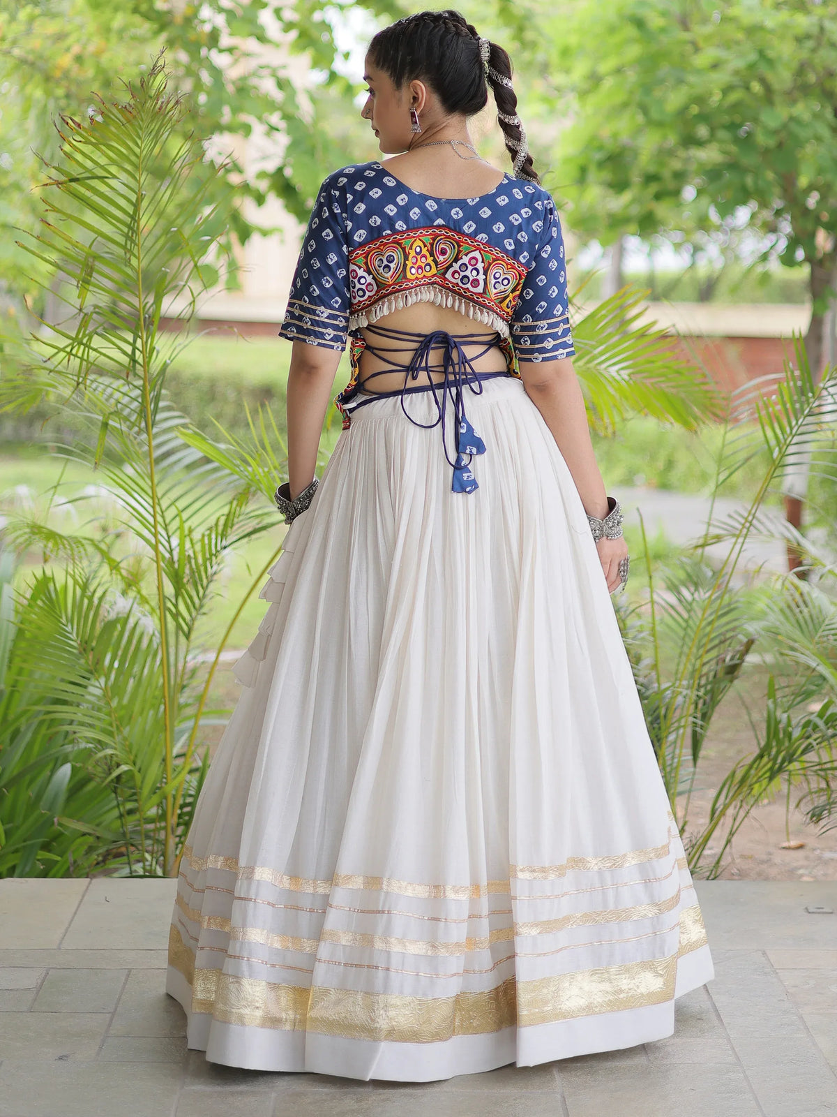 Beautiful Blue Cotton Navratri Wear Lehenga With Bandhej Printed Choli