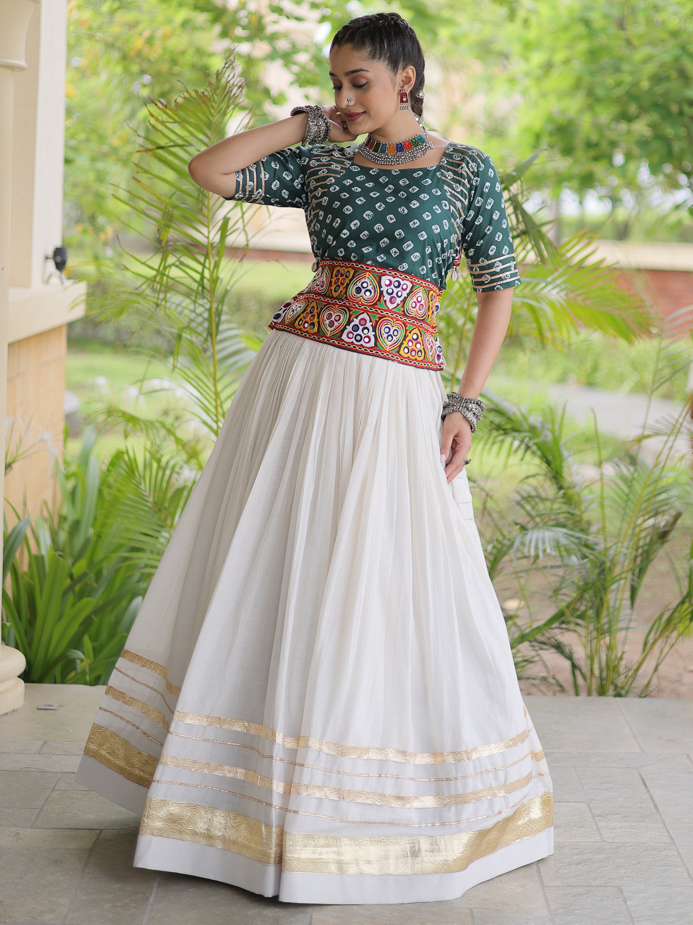 Classy Green Cotton Gota Laced Navratri Special Lehenga Choli