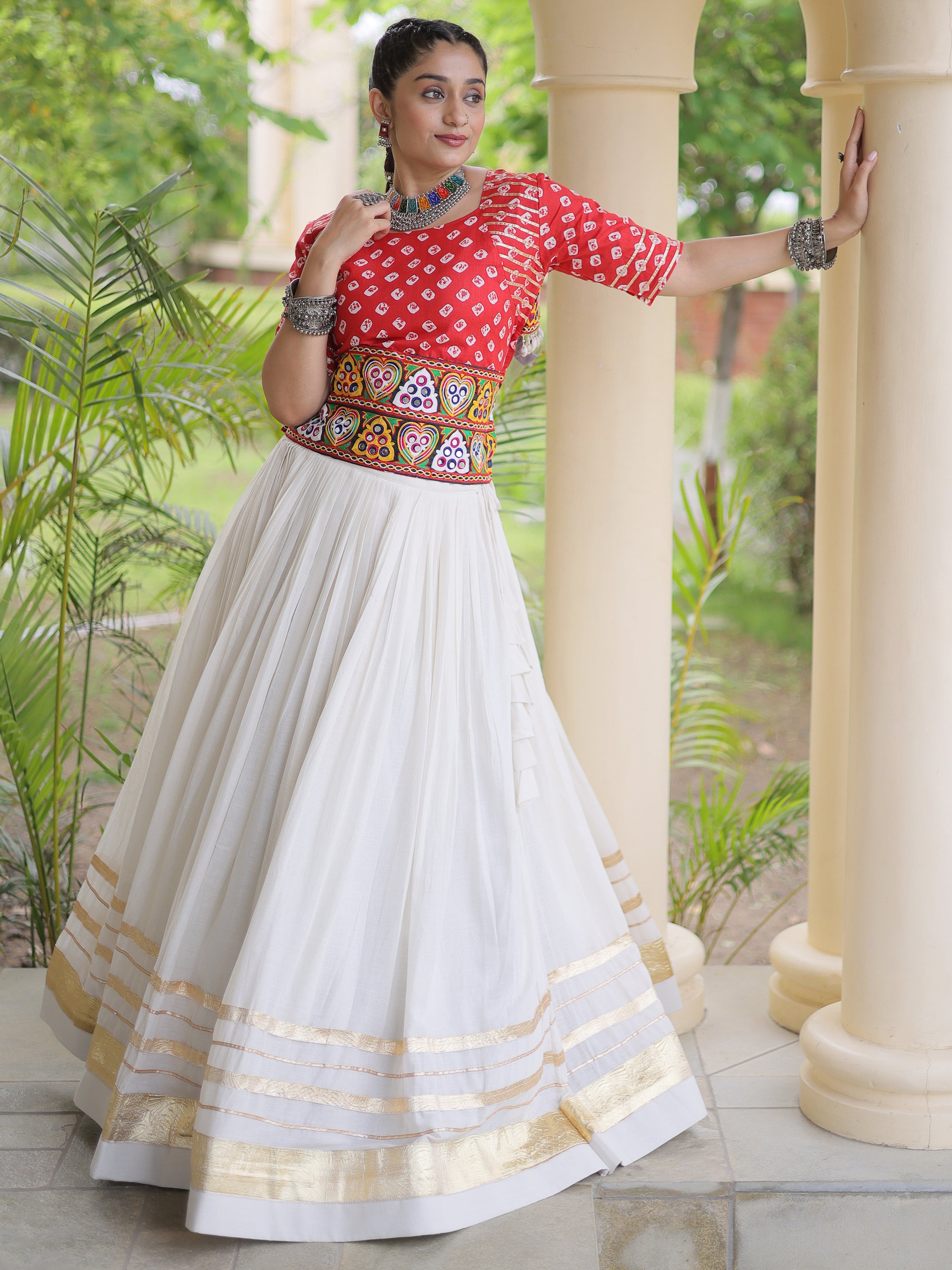 Aesthetics Red Cotton Navratri Special Lehenga With Gamthi Laced Choli