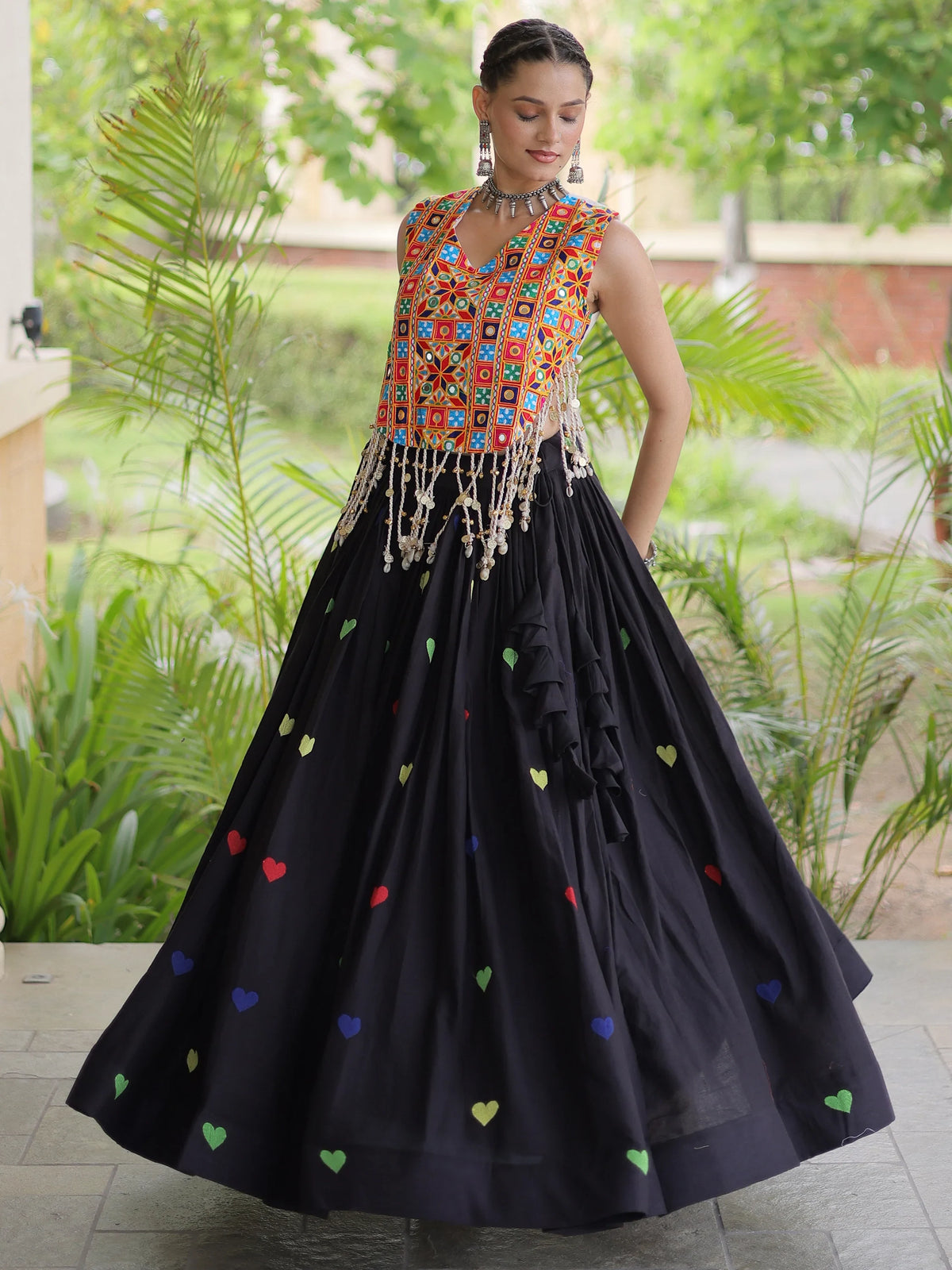 Excellent Black Thread Work Cotton Navratri Special Lehenga Choli
