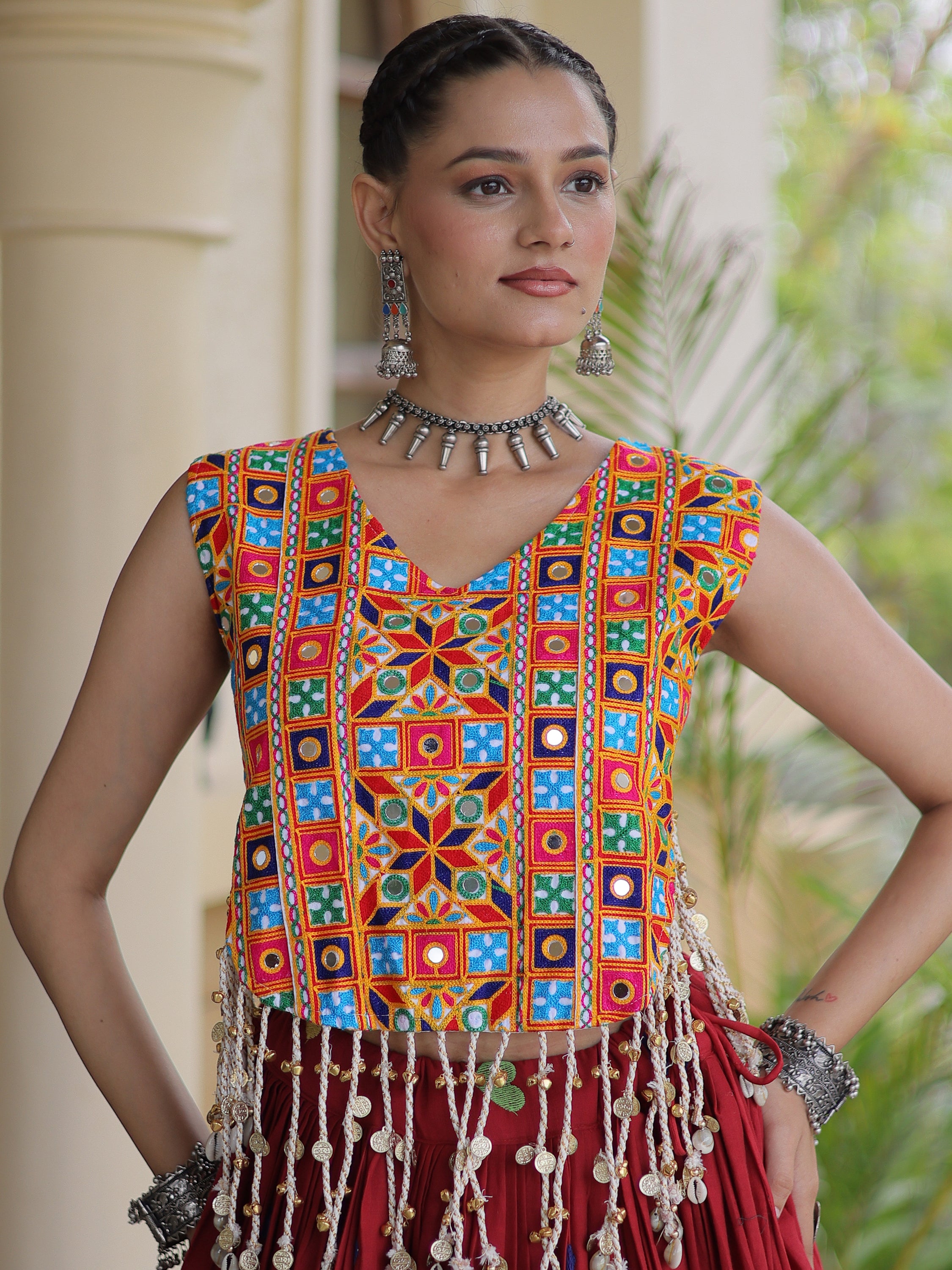 Marvelous Maroon Mirror Work Cotton Navratri Wear Lehenga Choli