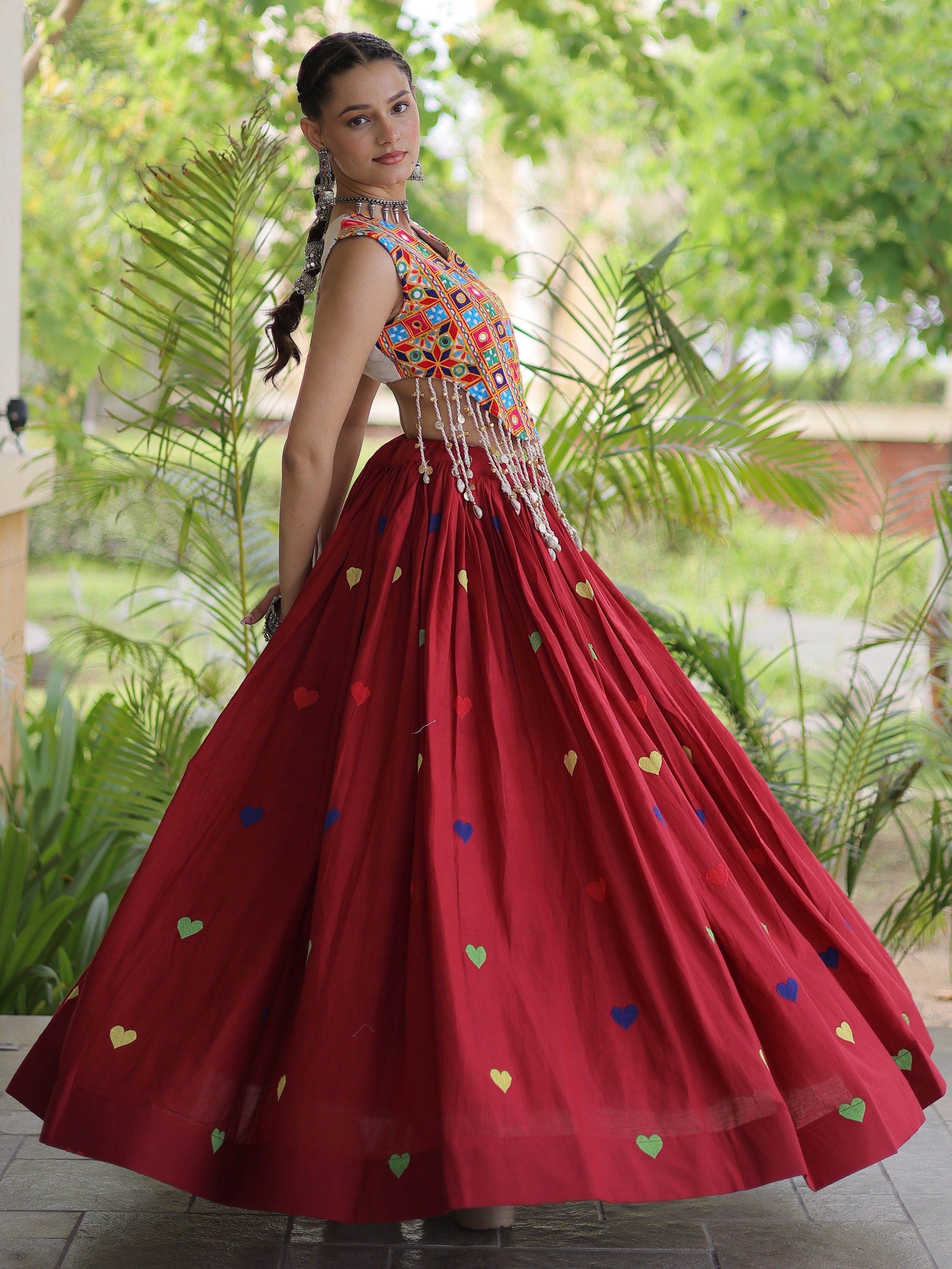 Marvelous Maroon Mirror Work Cotton Navratri Wear Lehenga Choli