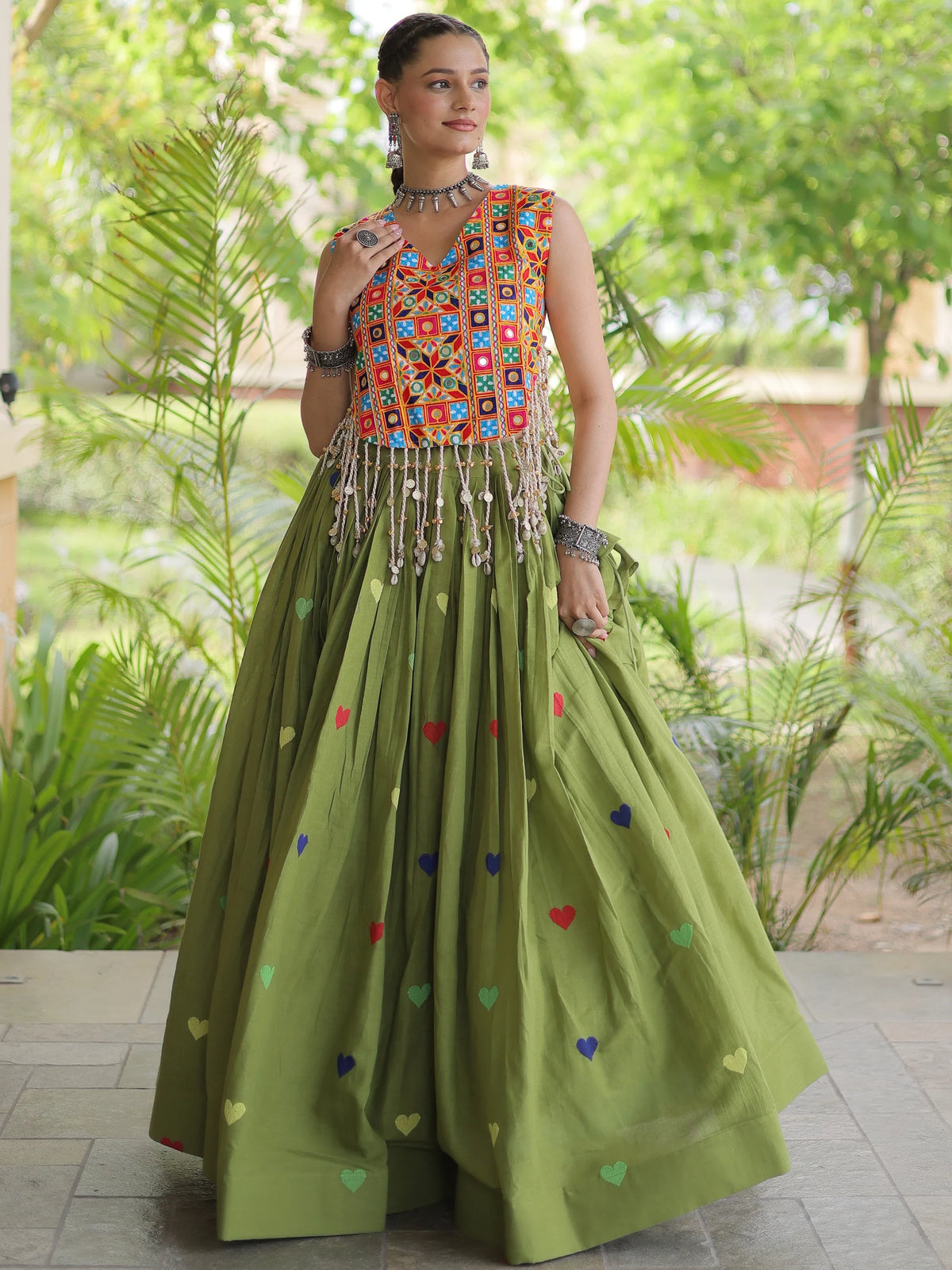 Splendid Green Mirror Work Cotton Navratri Wear Lehenga Choli