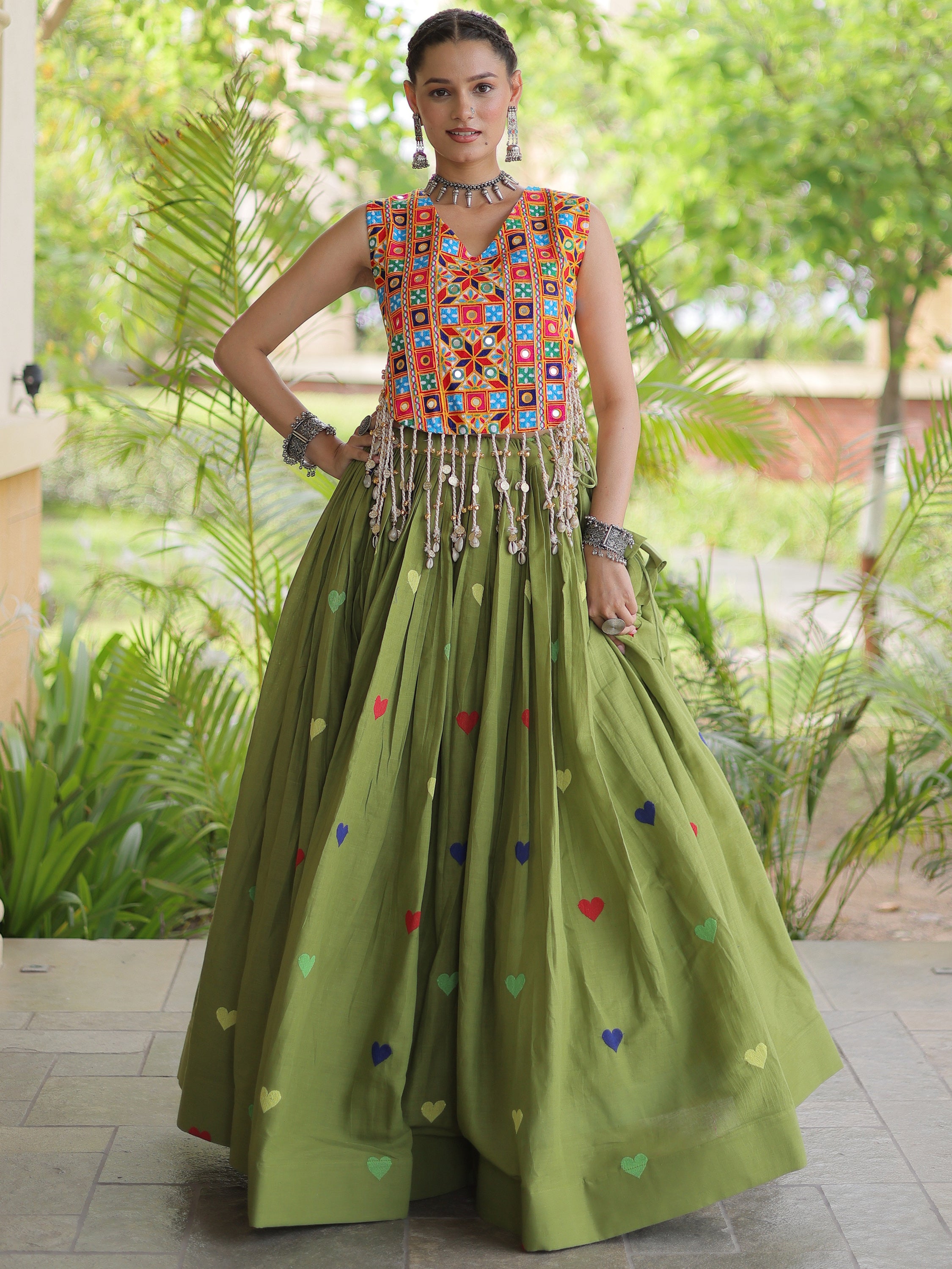 Splendid Green Mirror Work Cotton Navratri Wear Lehenga Choli
