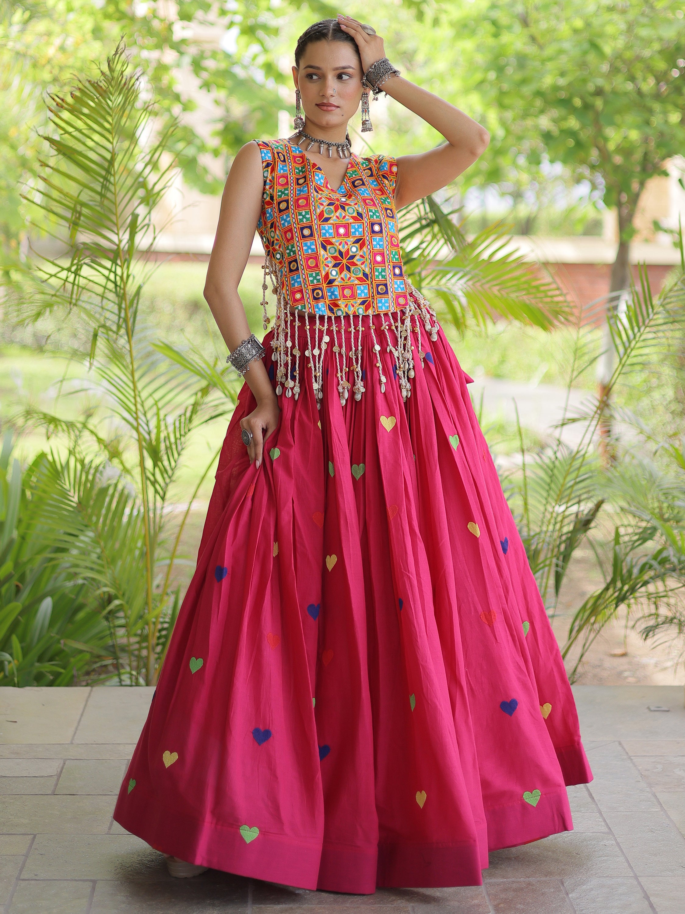 Magnificent Rani Pink Thread Work Cotton Navratri Wear Lehenga Choli