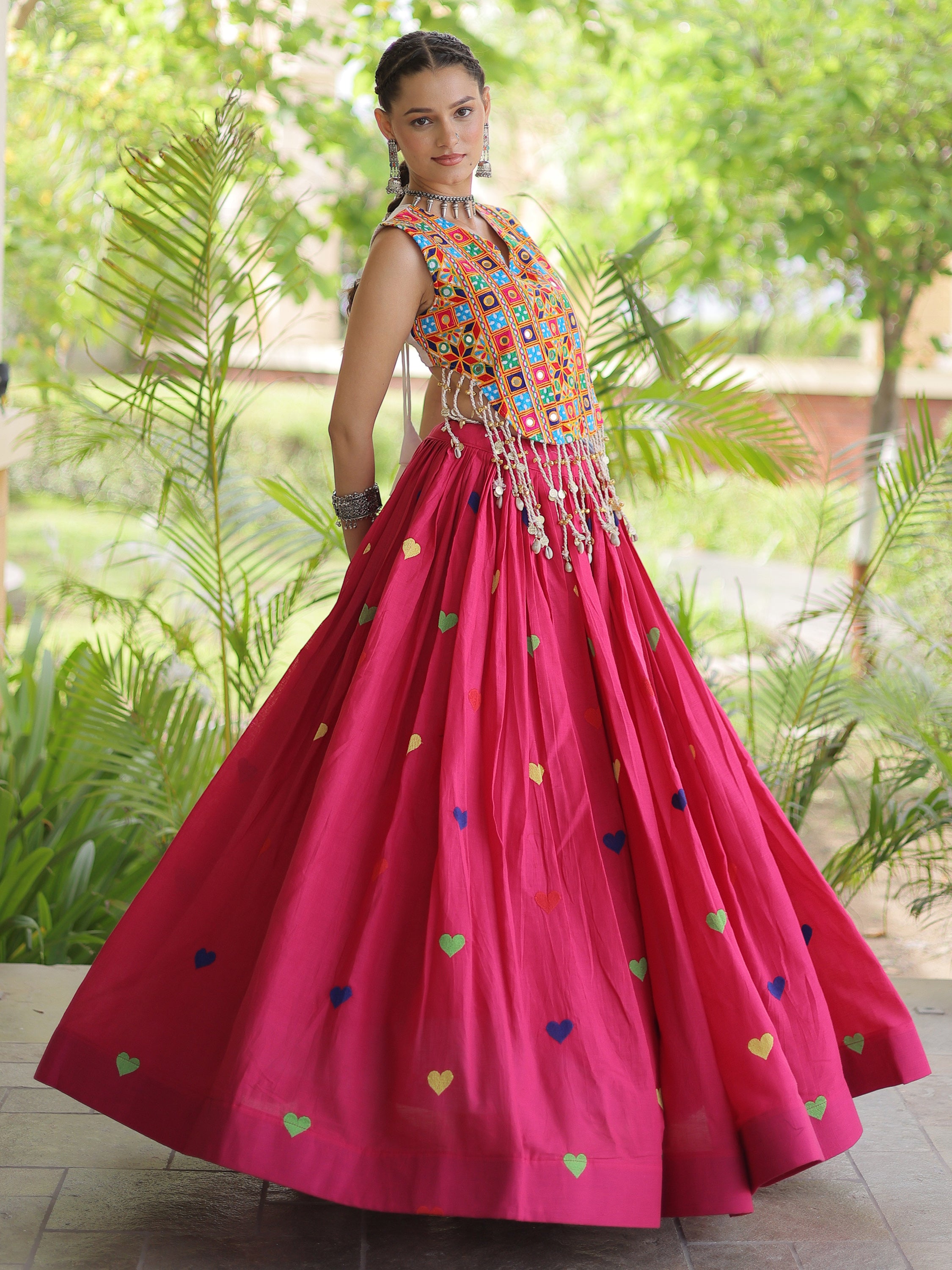 Magnificent Rani Pink Thread Work Cotton Navratri Wear Lehenga Choli