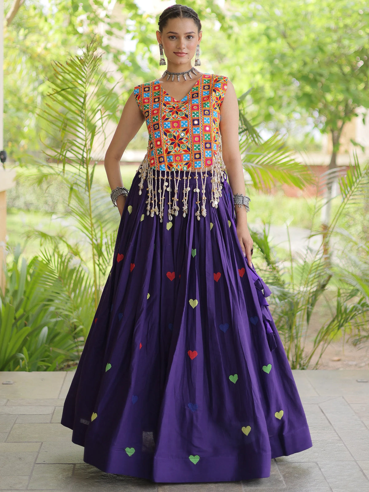 Majestic Purple Thread Work Cotton Navratri Wear Lehenga With Blouse