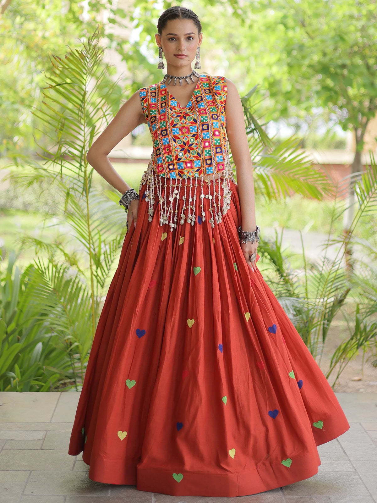 Superb Rust Orange Embroidered Cotton Navratri Special Lehenga Choli