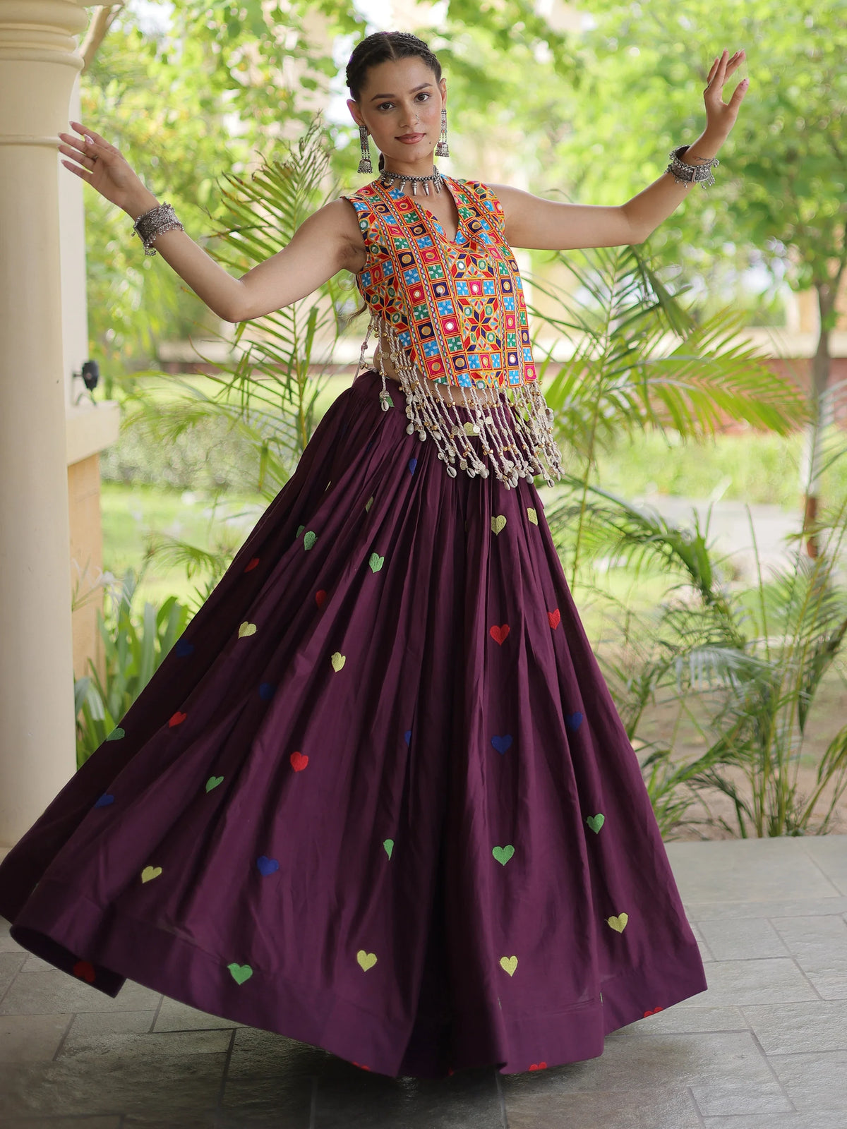 Fantastic Wine Mirror Work Cotton Navratri Special Lehenga Choli