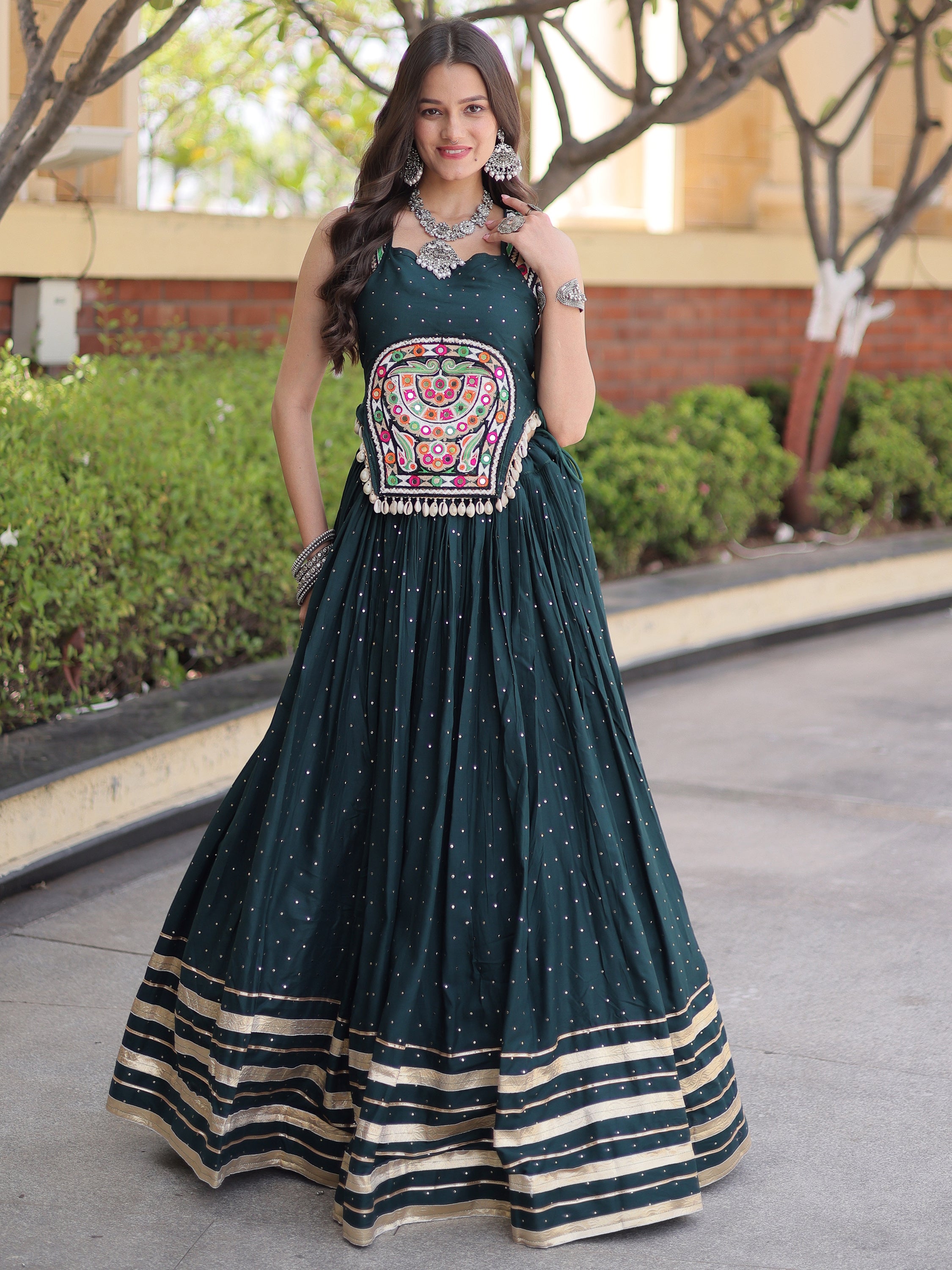 Fabulous Bottle Green Navratri Wear Lehenga With Gamthi Work Choli