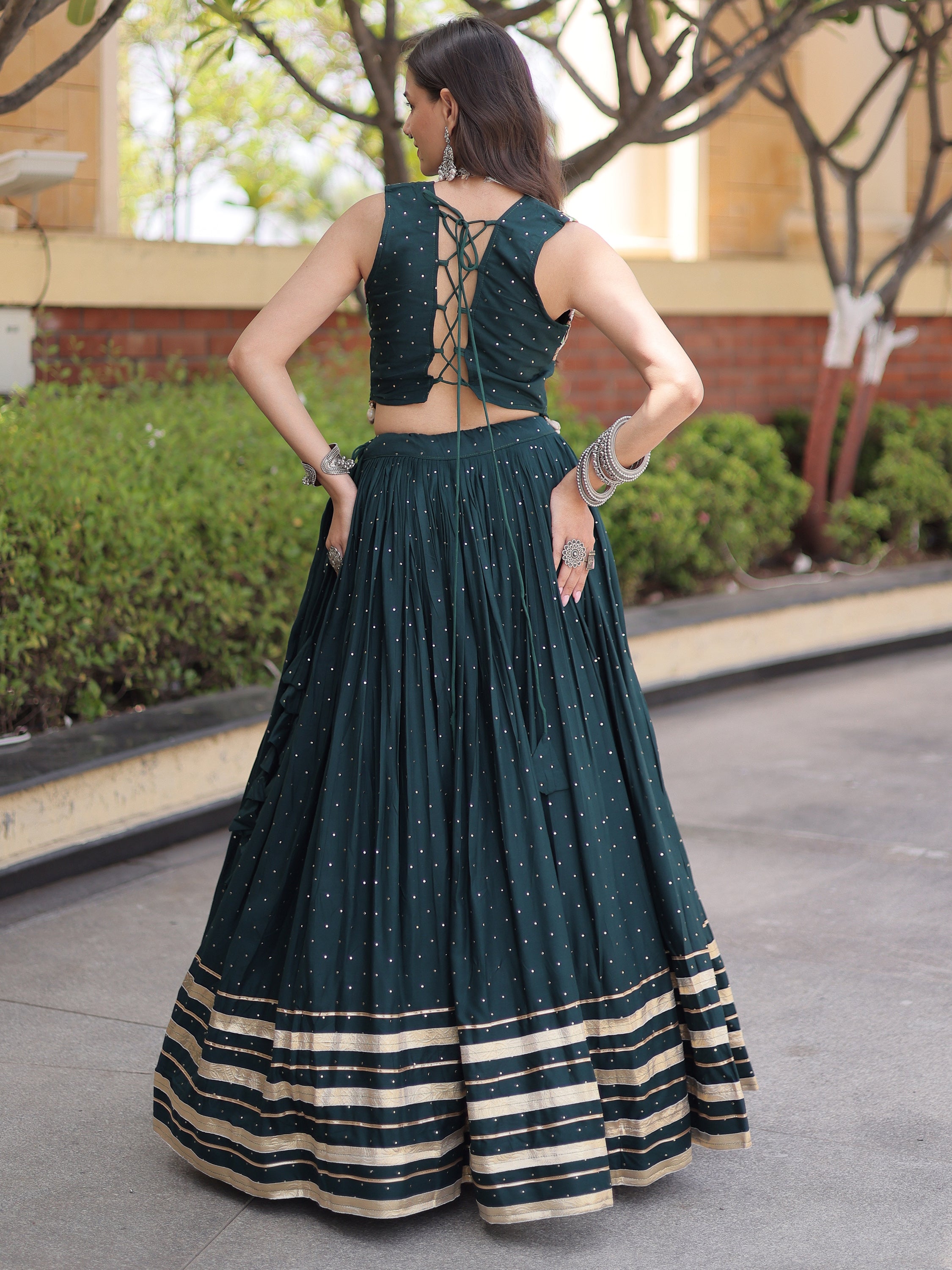 Fabulous Bottle Green Navratri Wear Lehenga With Gamthi Work Choli
