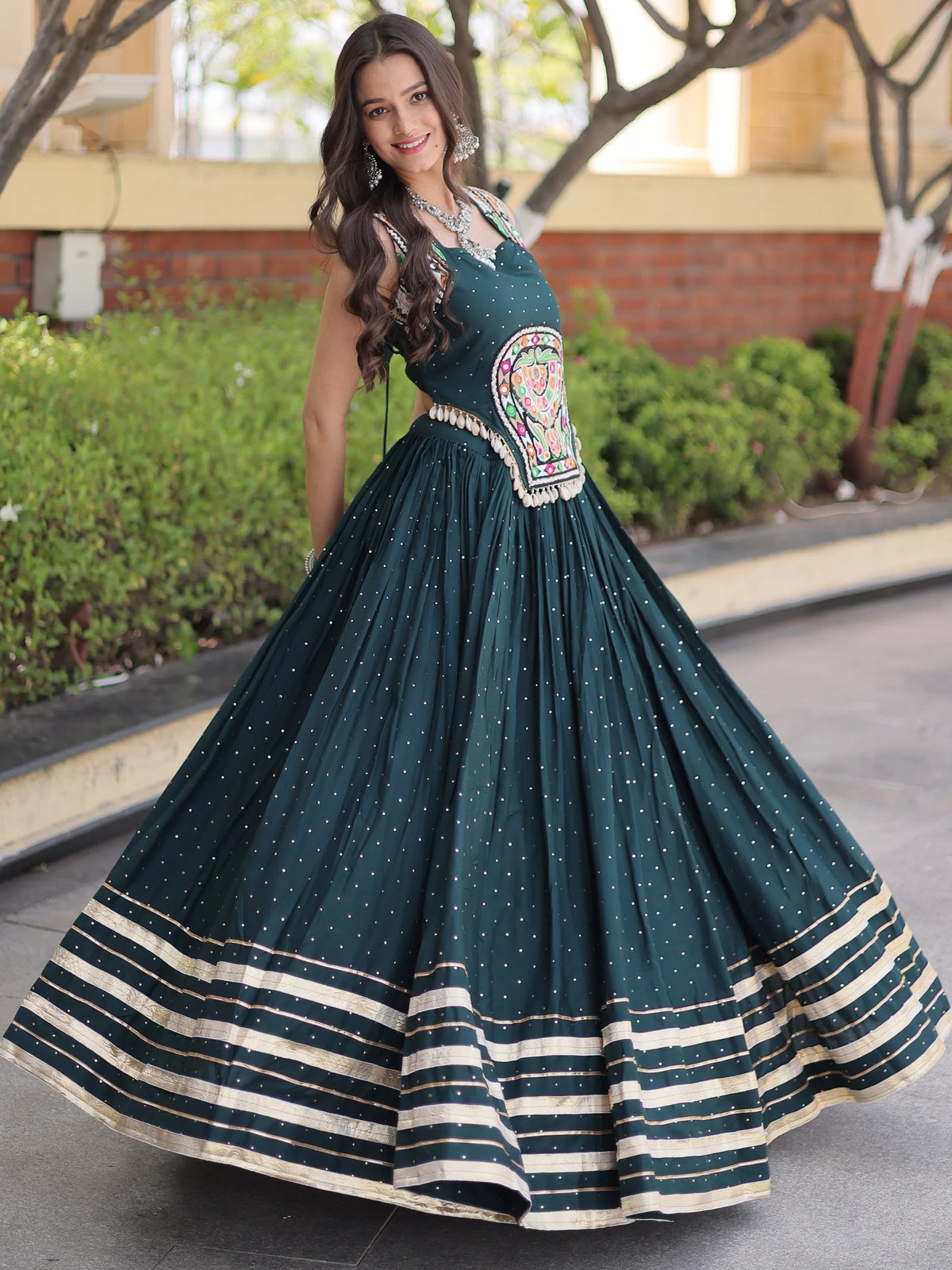 Fabulous Bottle Green Navratri Wear Lehenga With Gamthi Work Choli